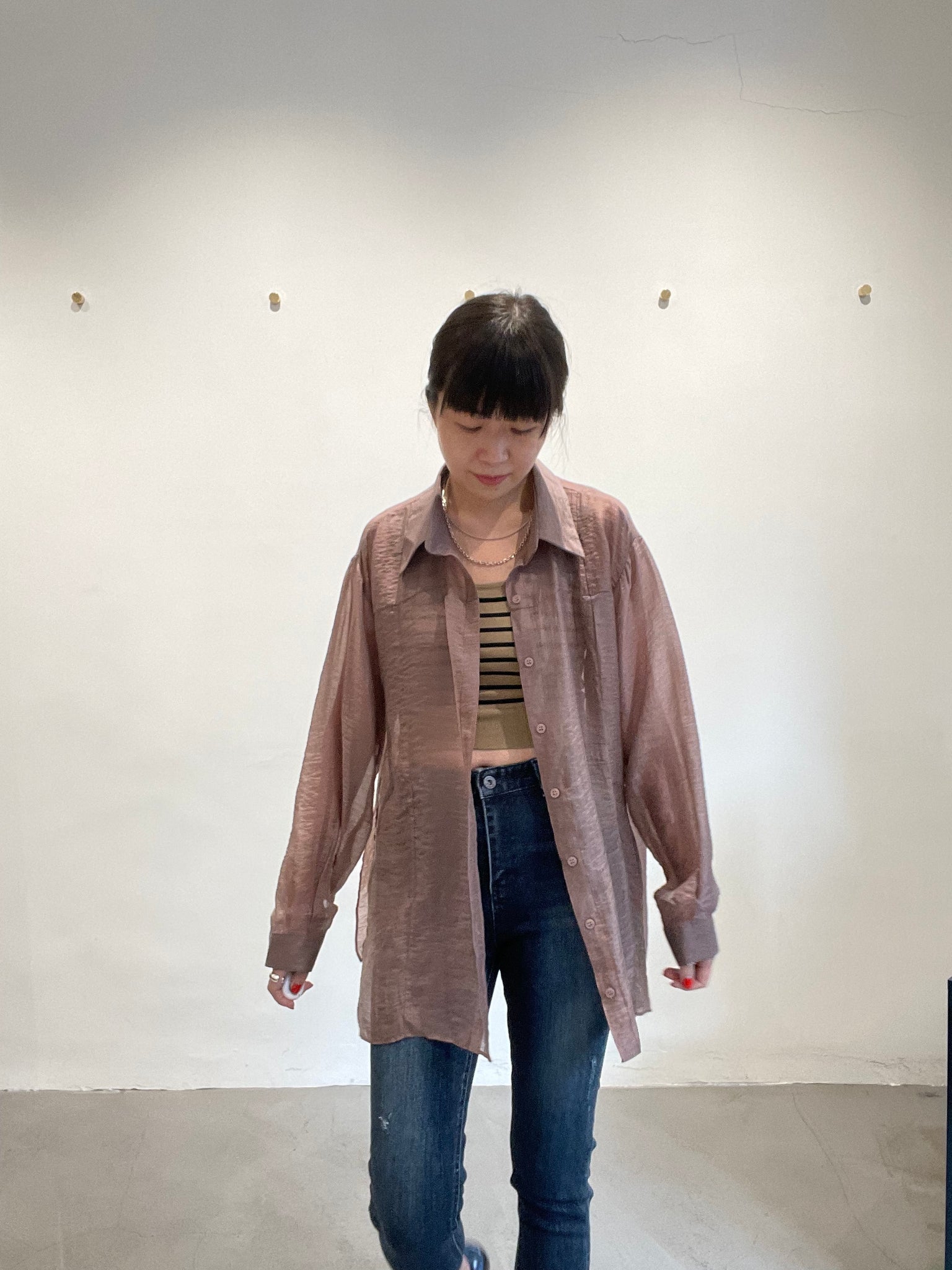Seam Side Slit See Through Shirt Brown