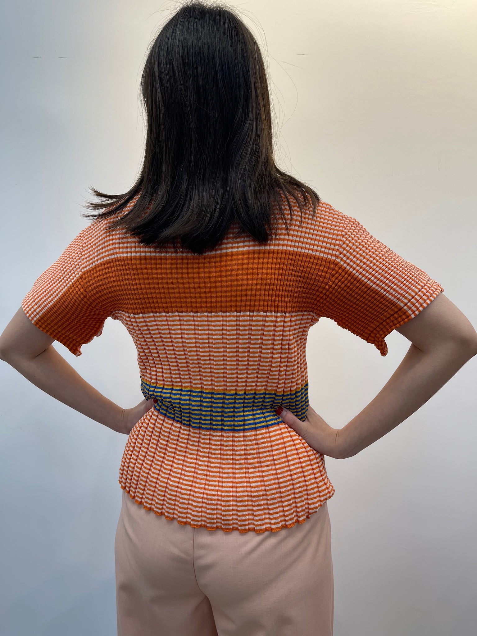 Elastic Stripe Ribbed Top orange