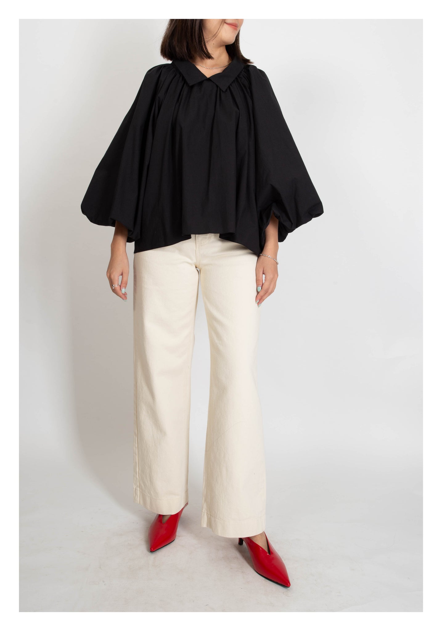Balloon Sleeves Collar Blouse Black - whoami