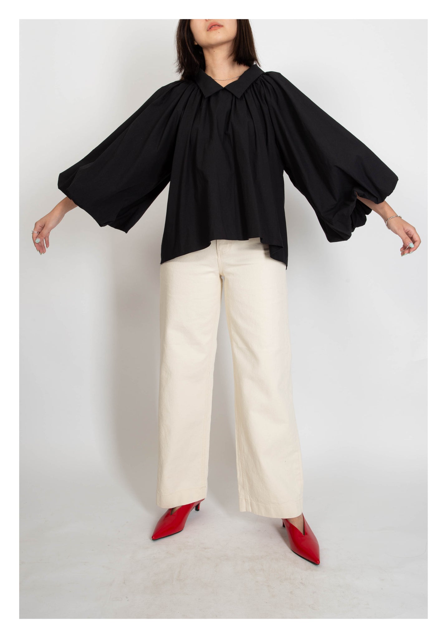 Balloon Sleeves Collar Blouse Black - whoami