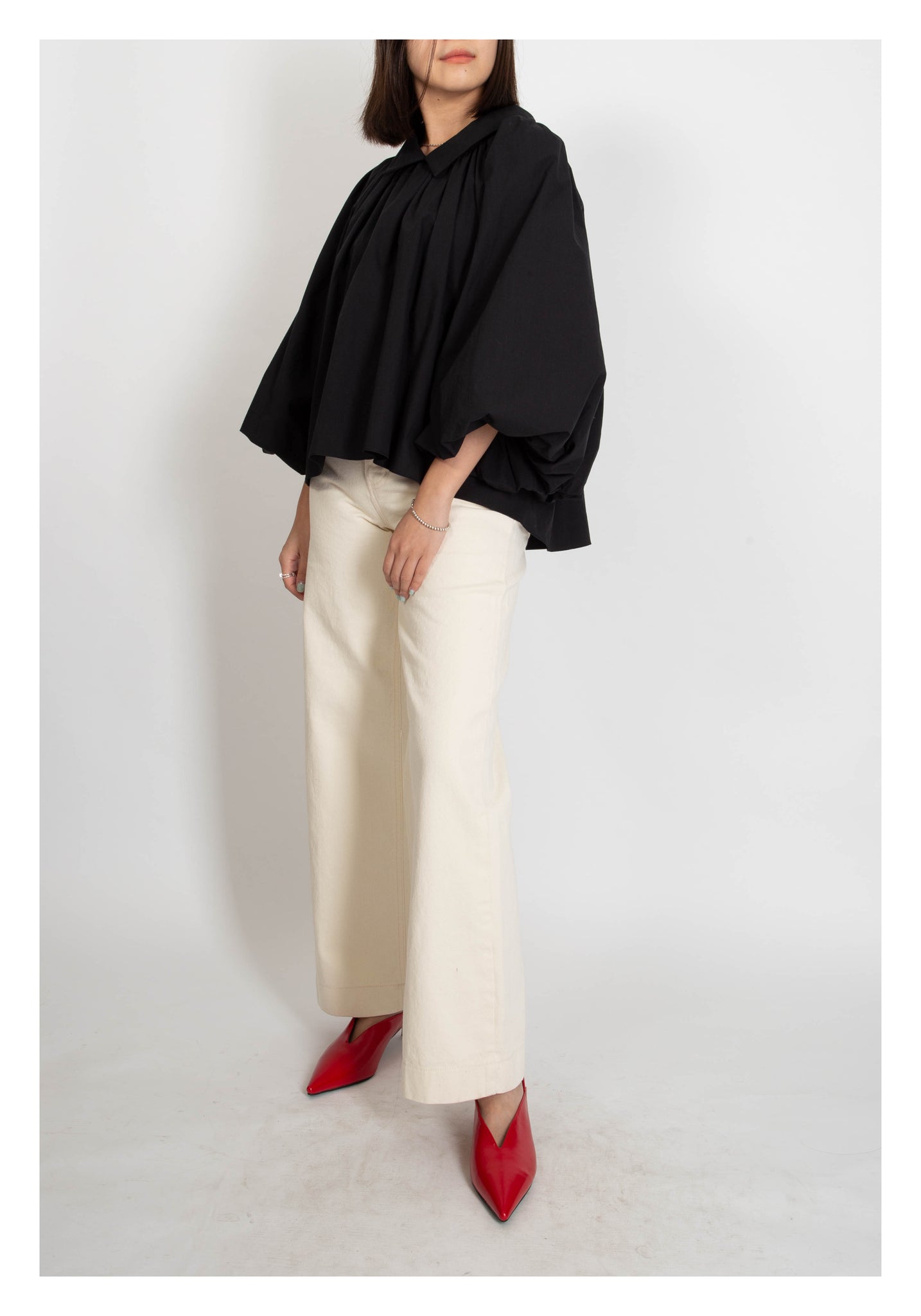 Balloon Sleeves Collar Blouse Black - whoami