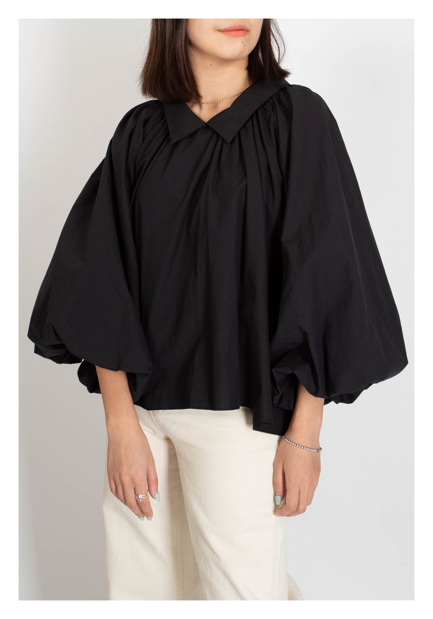 Balloon Sleeves Collar Blouse Black - whoami