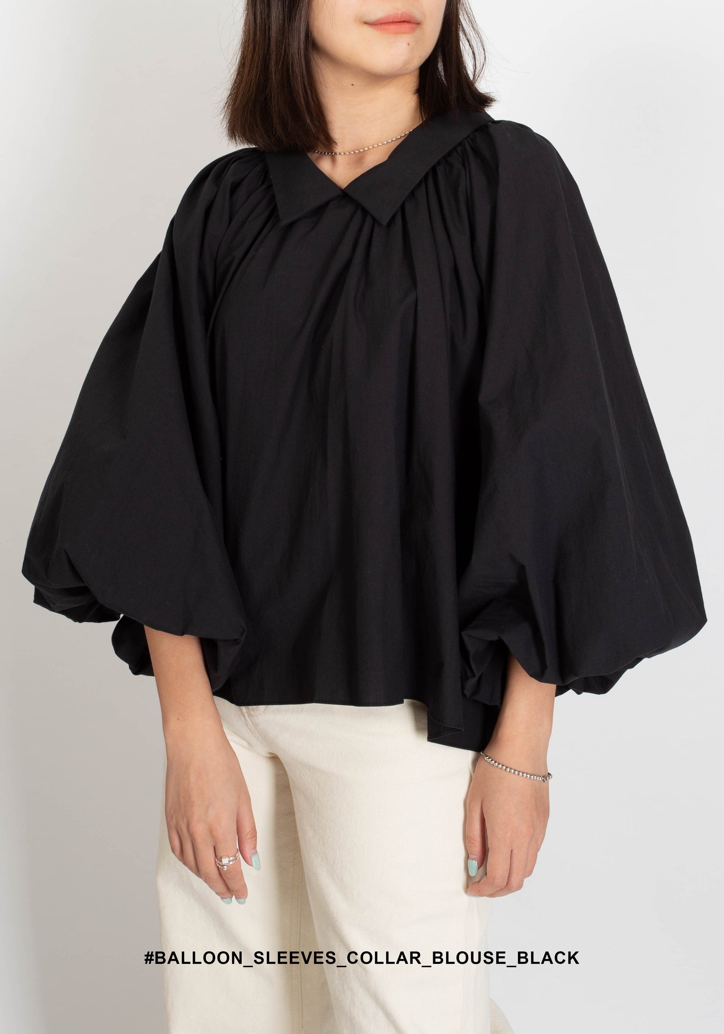 Balloon Sleeves Collar Blouse Black - whoami