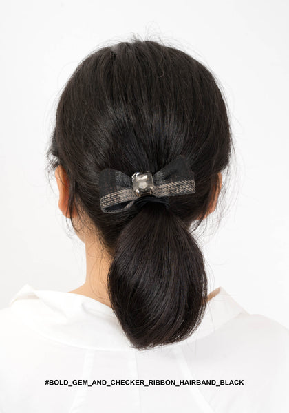 Bold Gem And Checker Ribbon Hairband Black - whoami