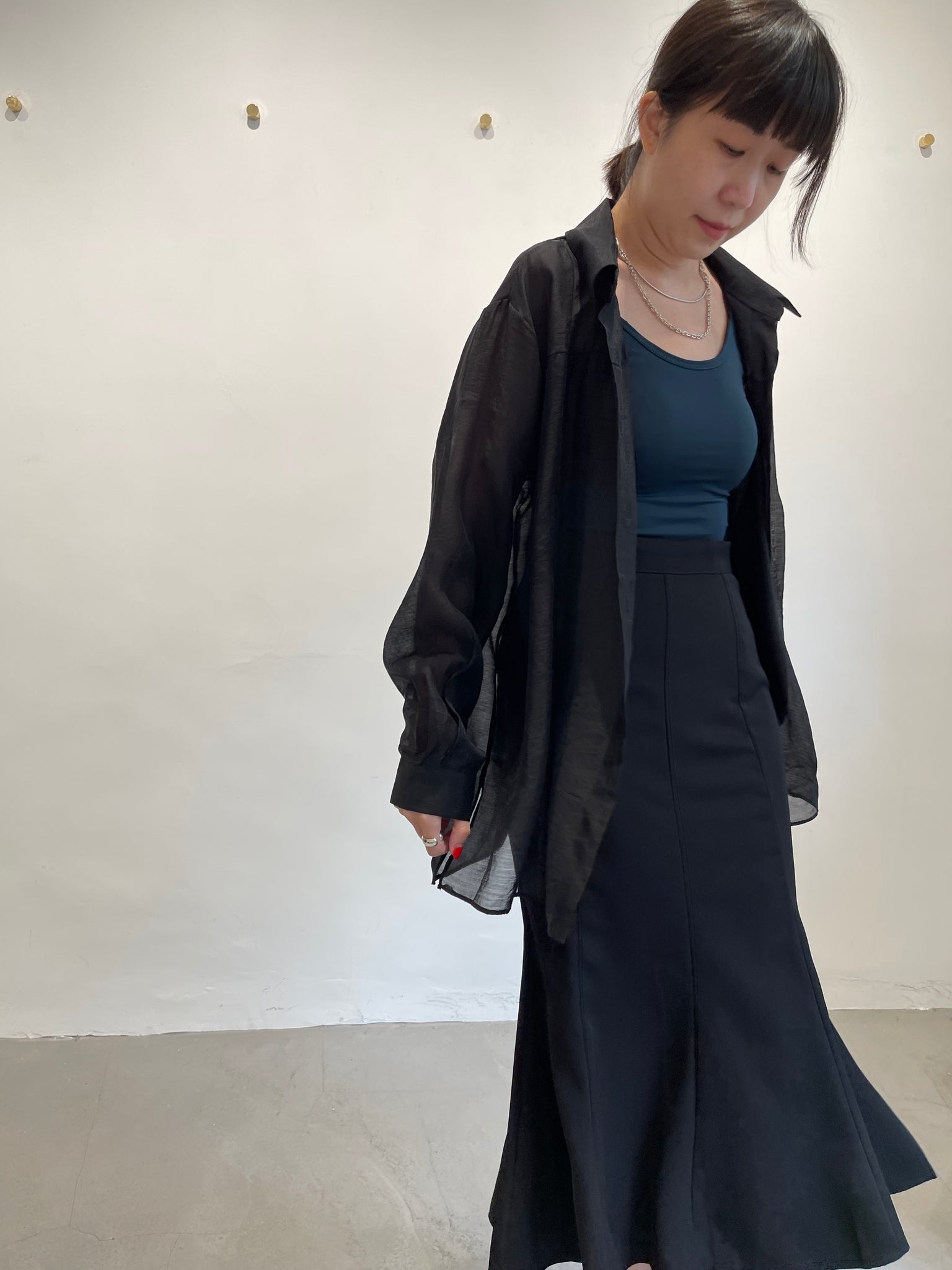 Seam Side Slit See Through Shirt Black