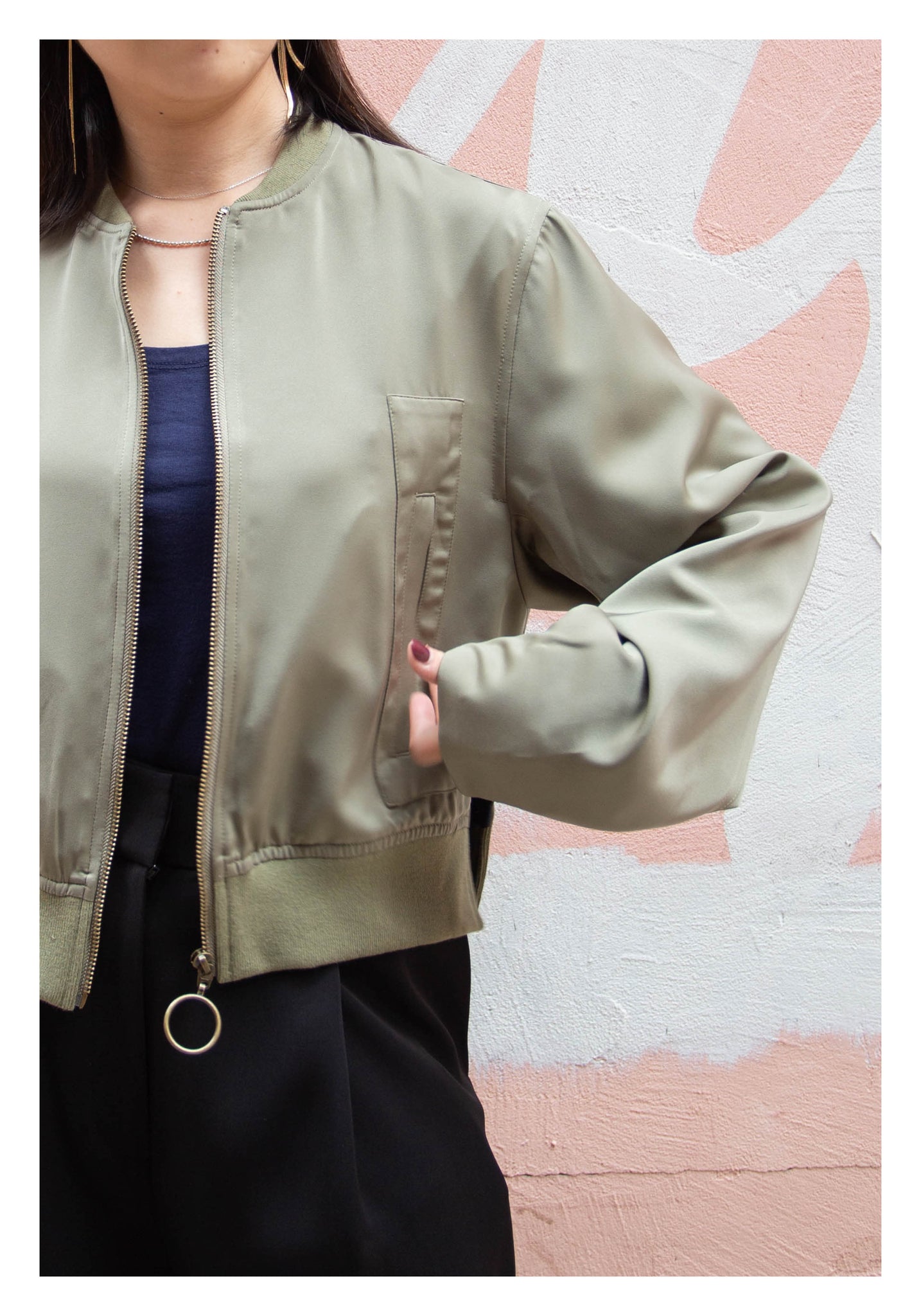 Cropped Slit Bomber Jacket Military Green - whoami