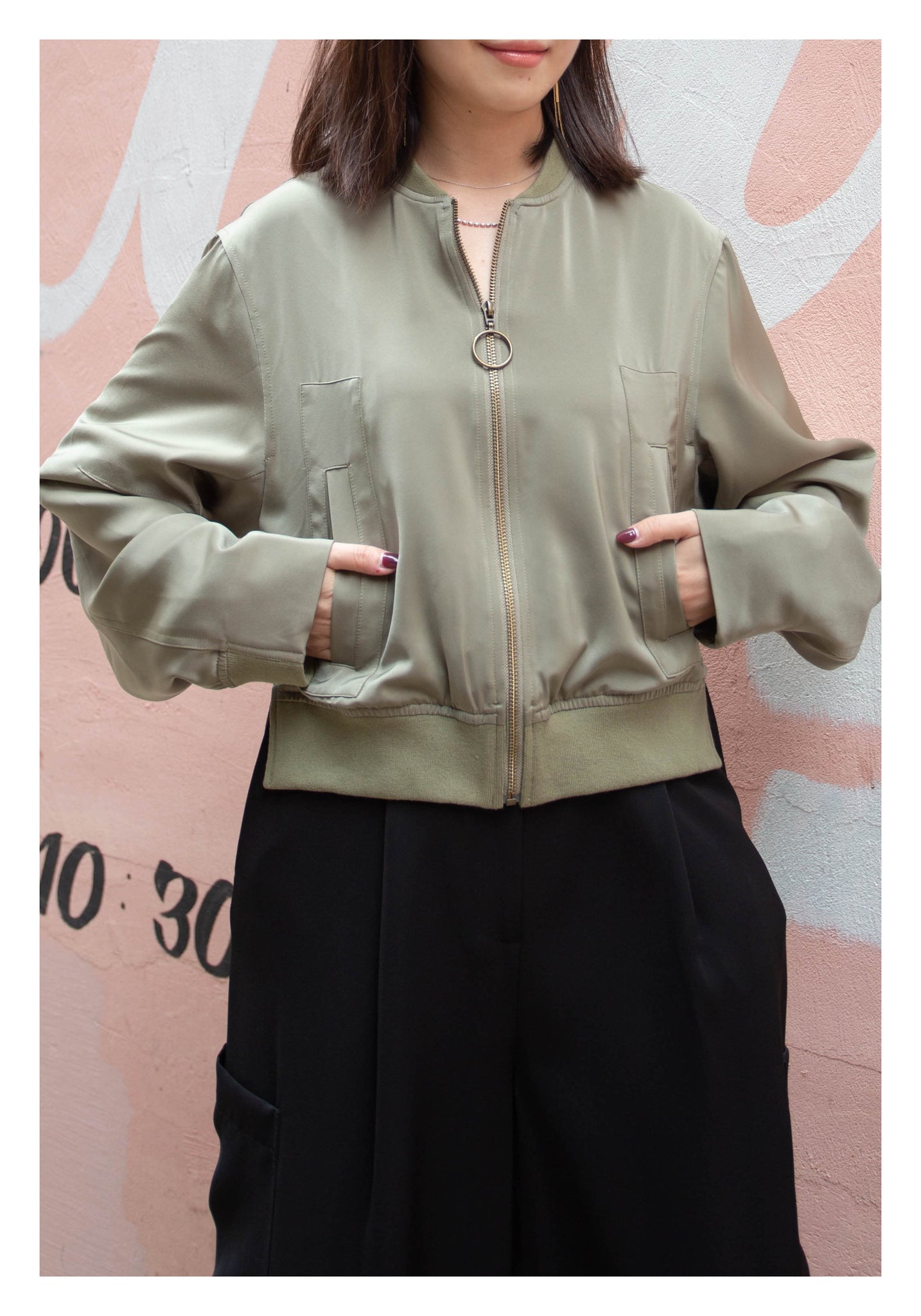 Cropped Slit Bomber Jacket Military Green - whoami