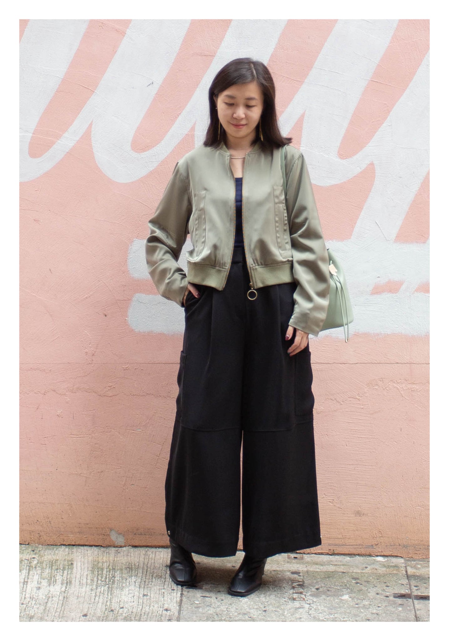 Cropped Slit Bomber Jacket Military Green - whoami