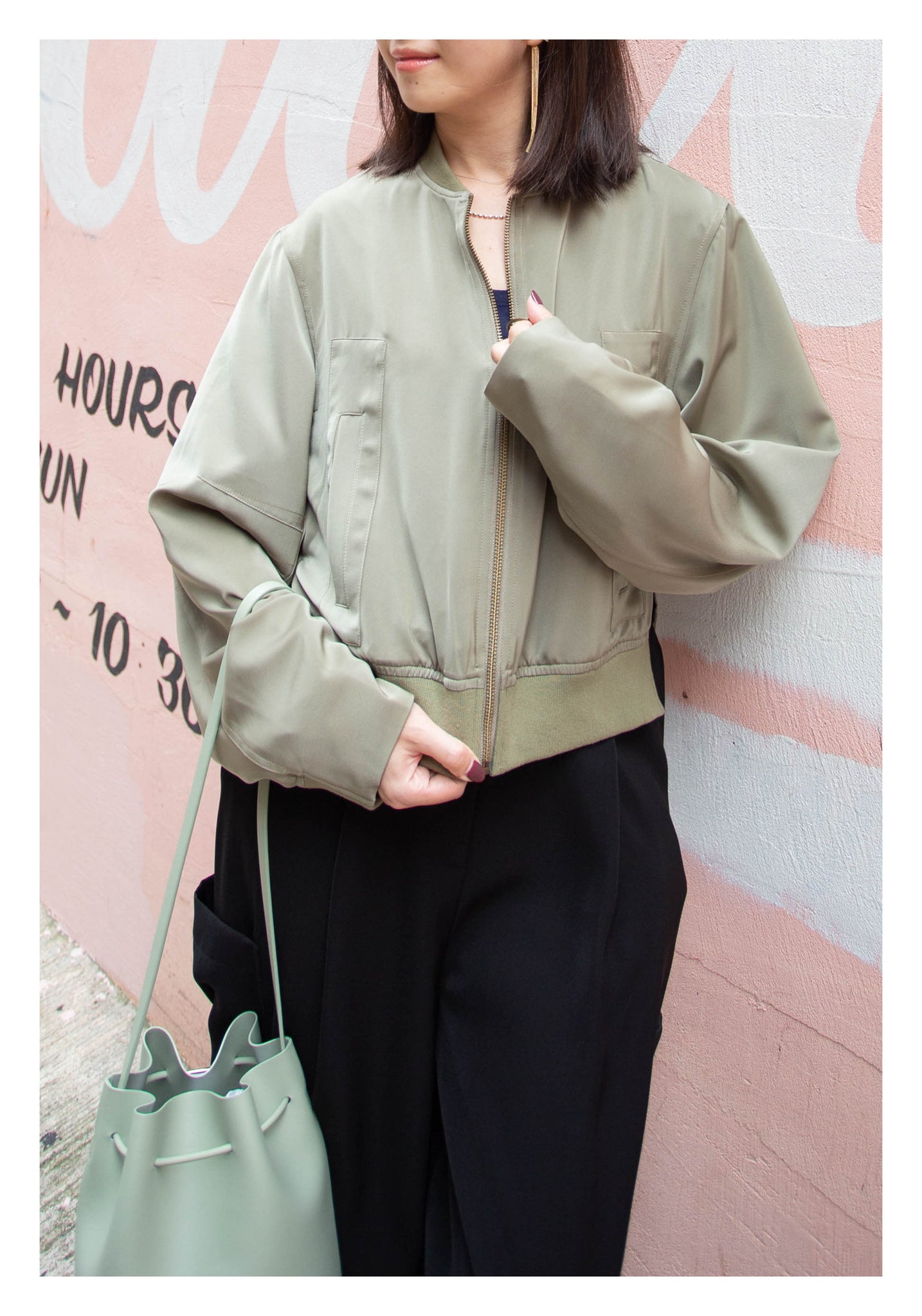 Cropped Slit Bomber Jacket Military Green - whoami