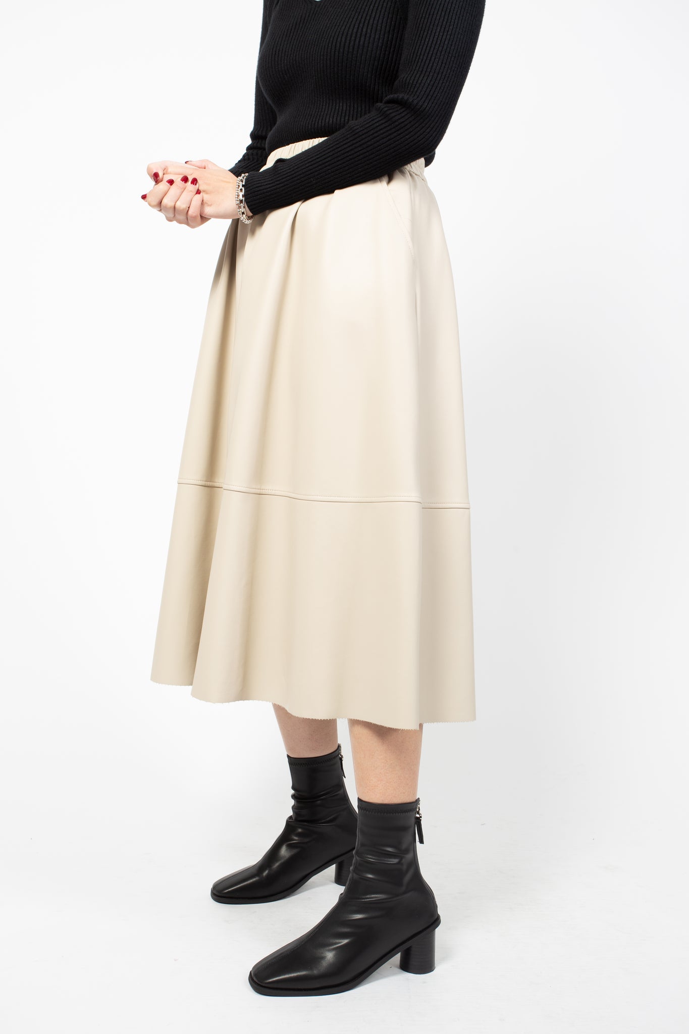 Faux Leather Pocket A-Line Skirt Ivory