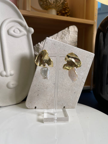 Organic Form Flat Baroque Pearl Bold Earrings Gold