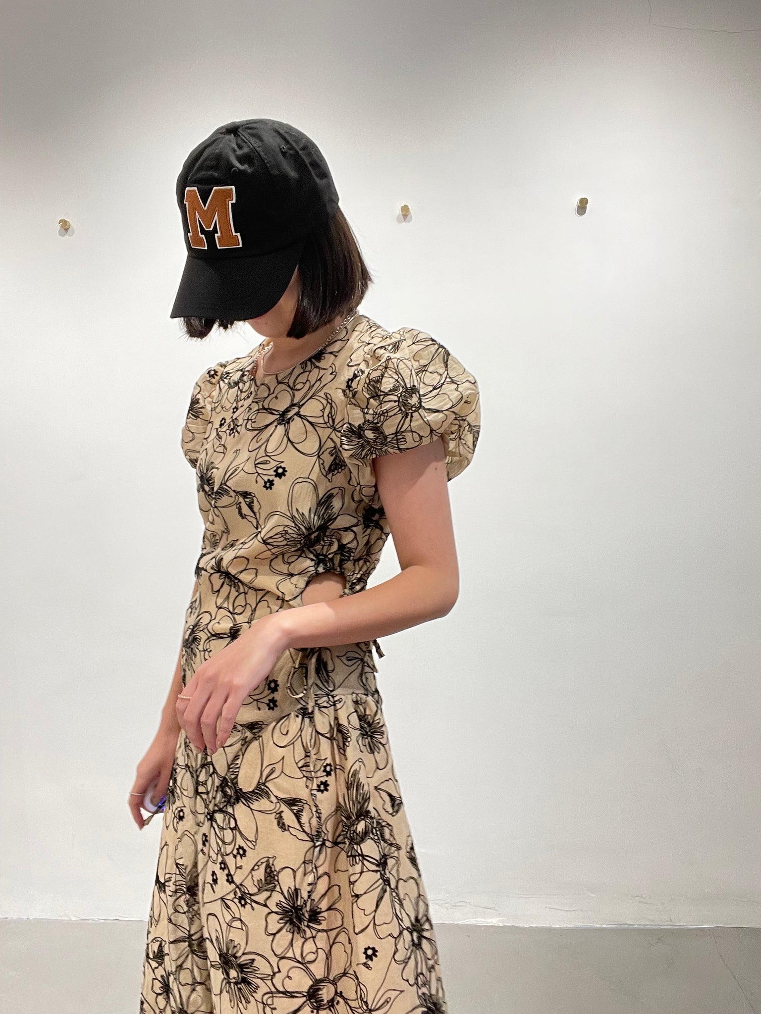 Delicate Smocking Side Open Floral Dress Beige