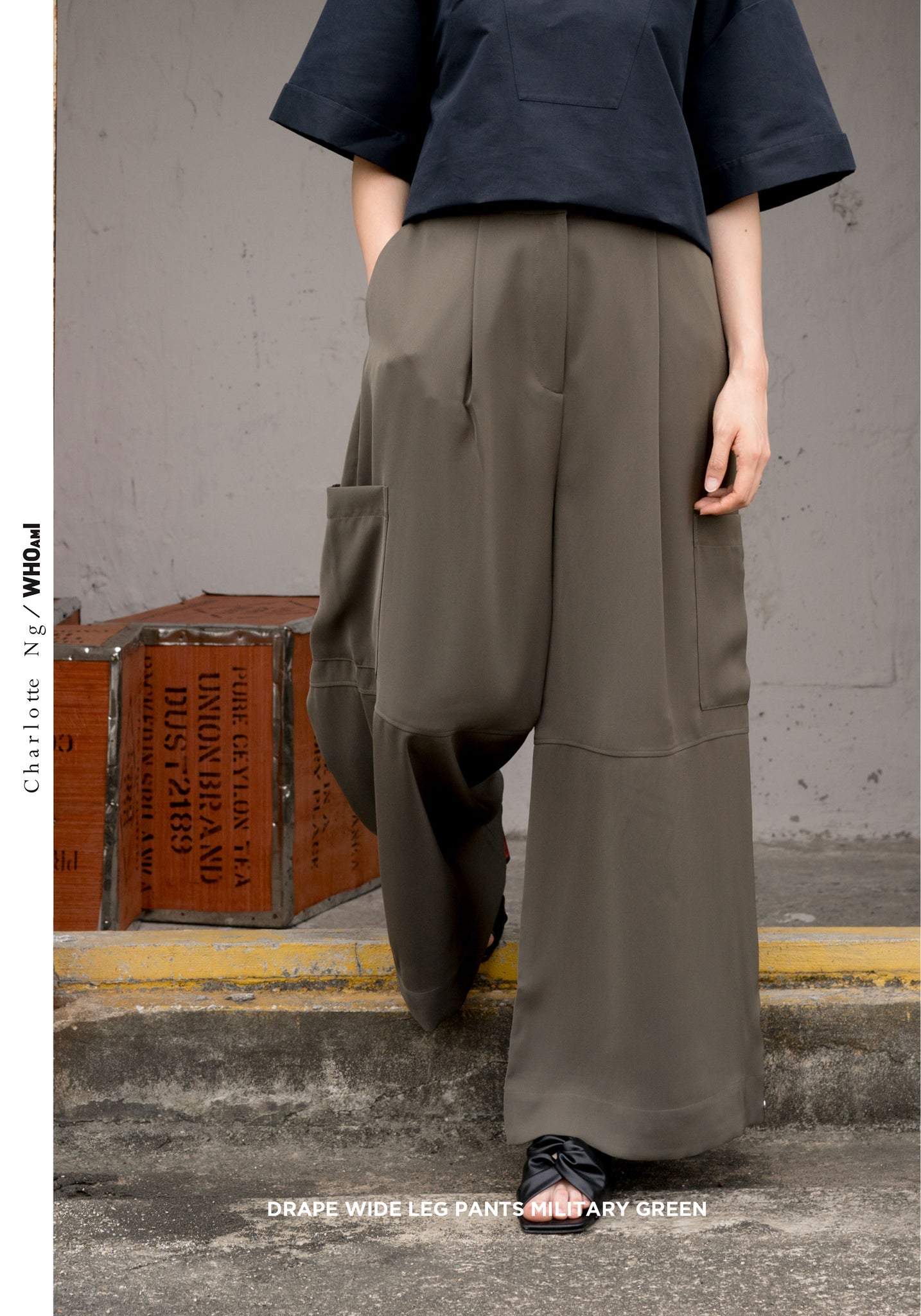 Drape Wide Leg Pants Military Green - whoami