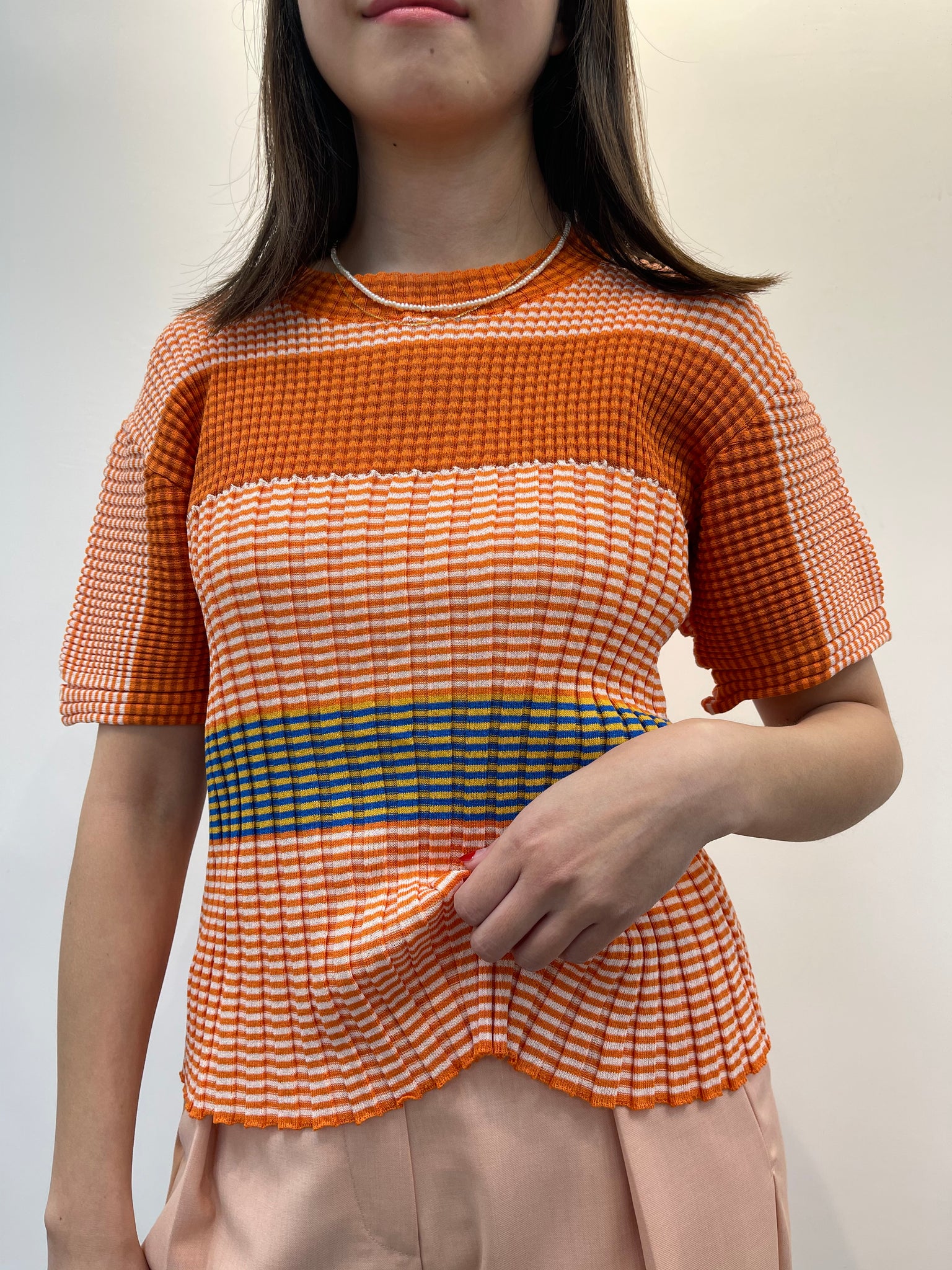Elastic Stripe Ribbed Top orange