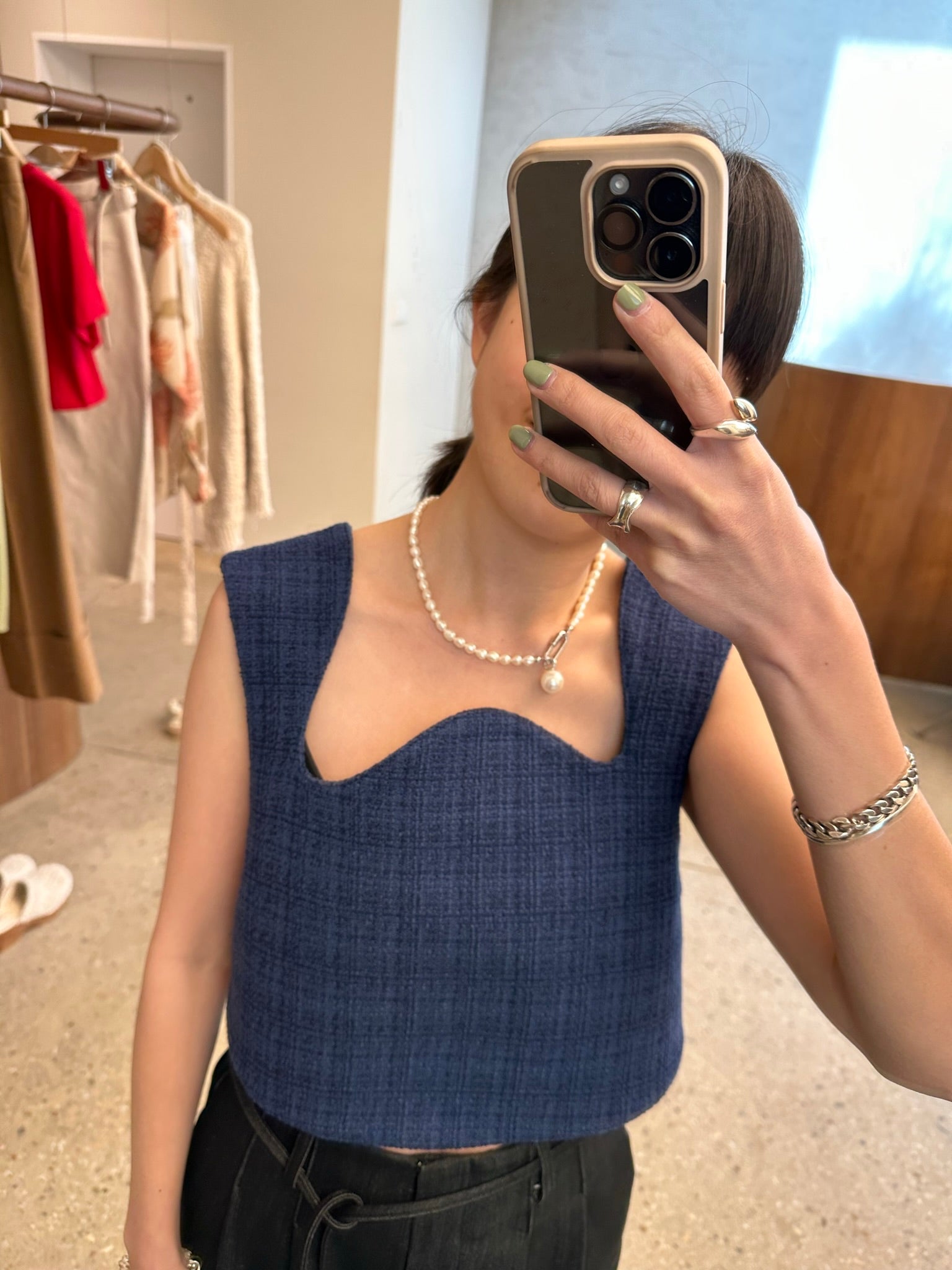 IKARO TWEED CURVED CROP TOP(INK NAVY)