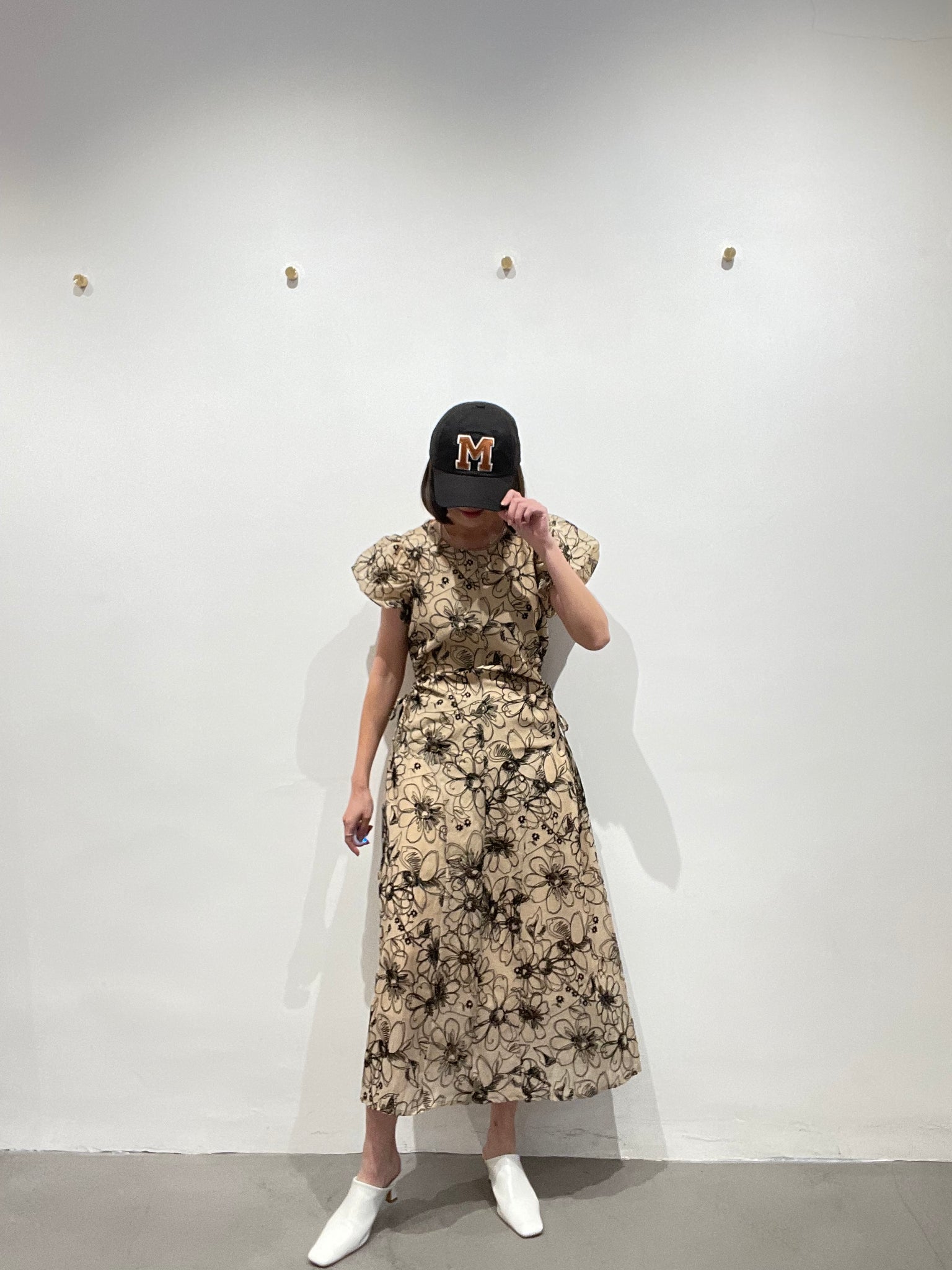 Delicate Smocking Side Open Floral Dress Beige