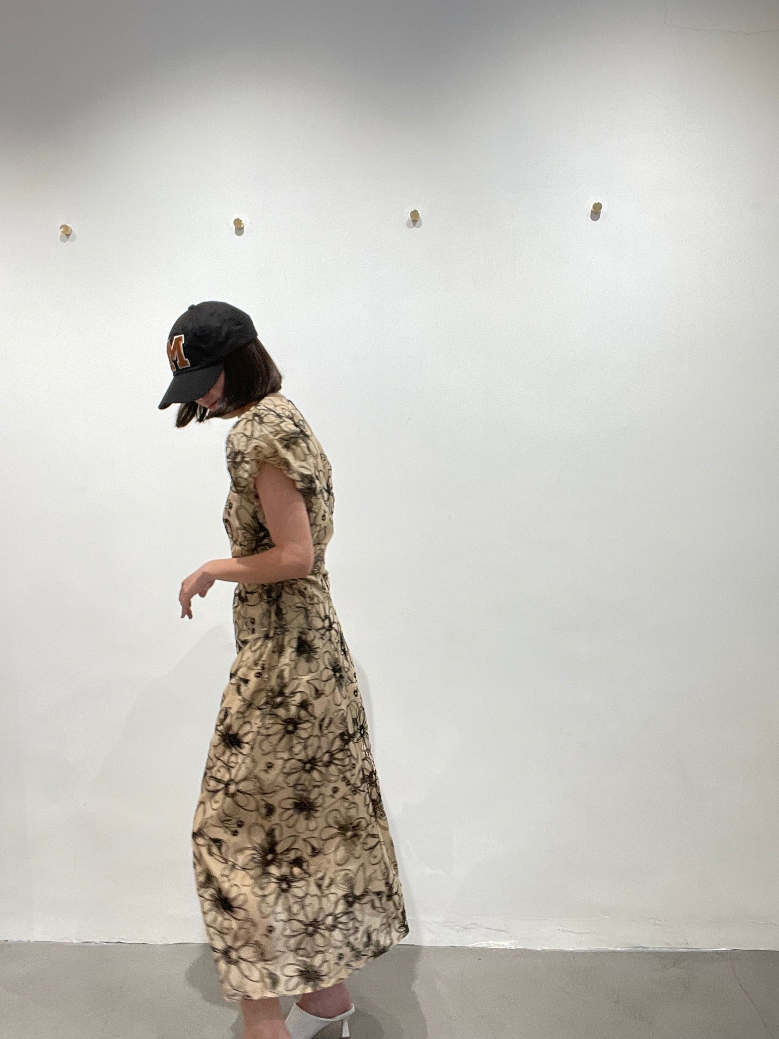Delicate Smocking Side Open Floral Dress Beige