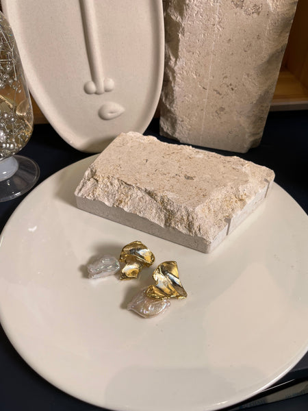 Organic Form Flat Baroque Pearl Bold Earrings Gold