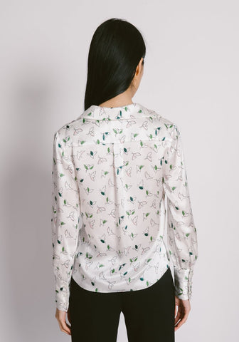Bird Print Silk Blouse Front Twist Details Ivory/Multi - whoami