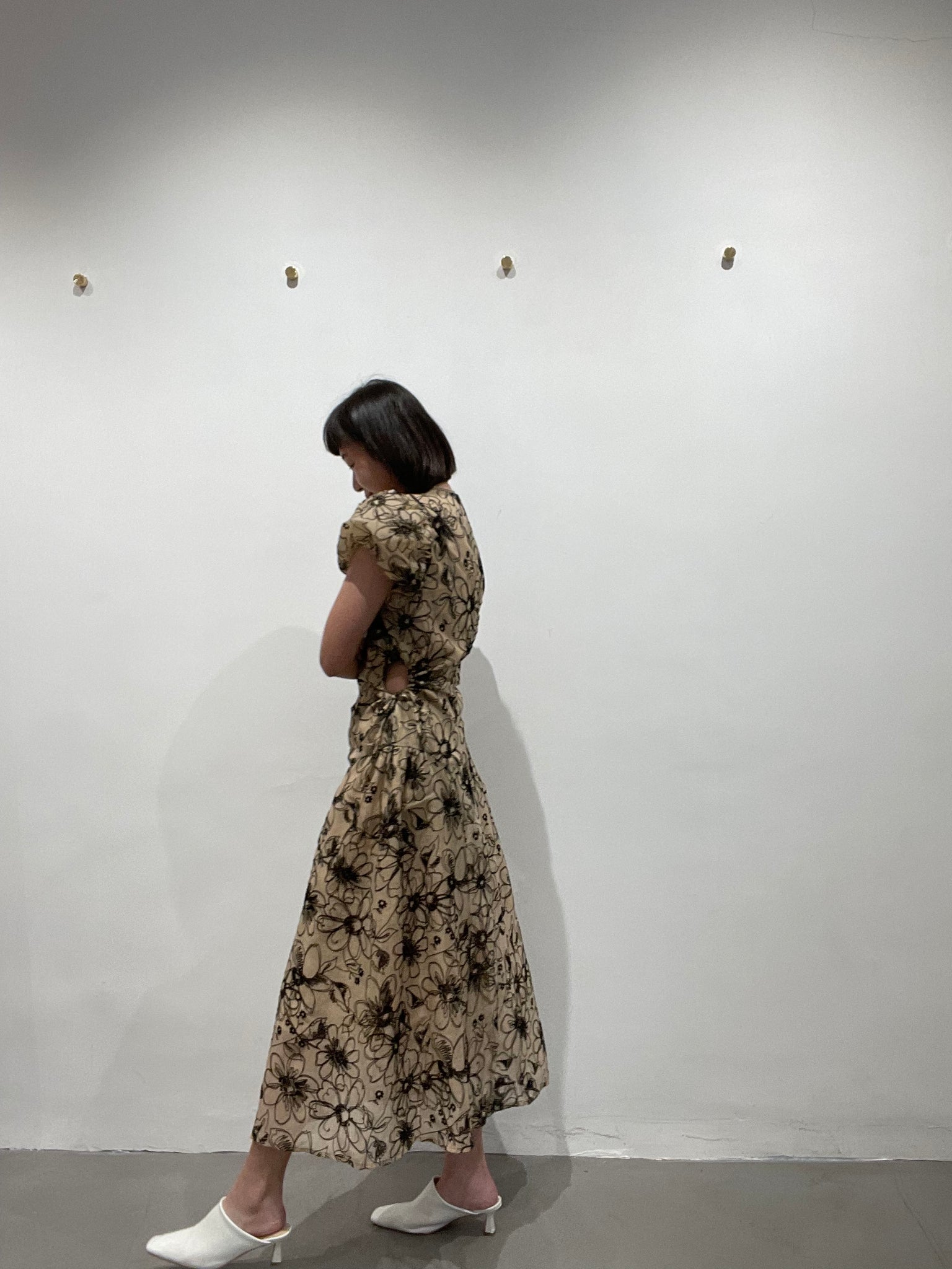 Delicate Smocking Side Open Floral Dress Beige