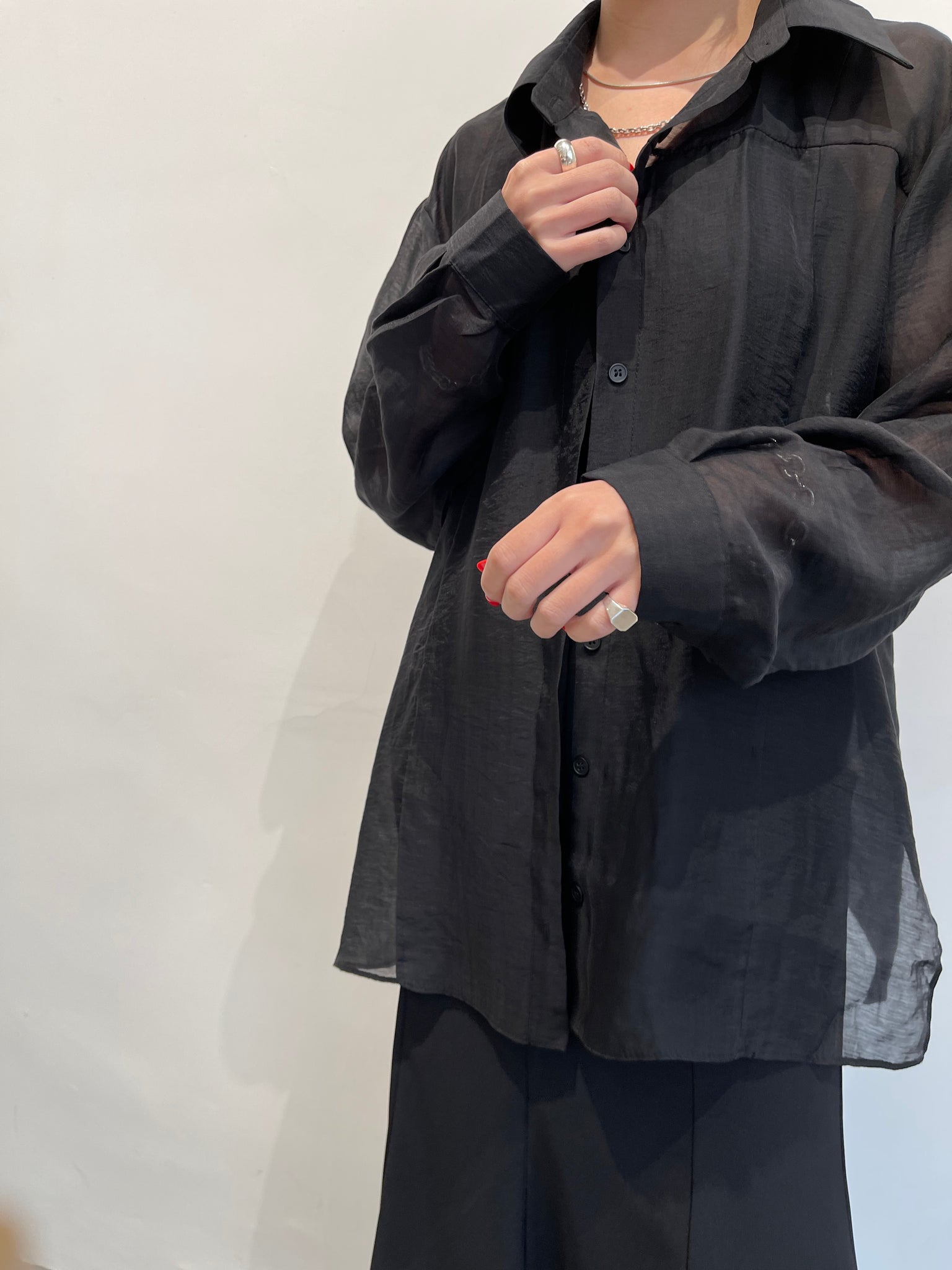 Seam Side Slit See Through Shirt Black