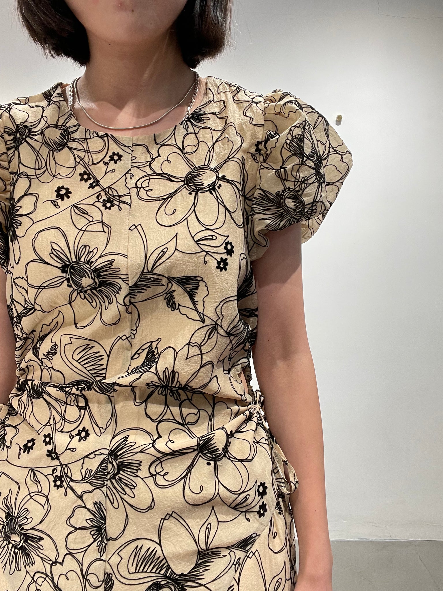 Delicate Smocking Side Open Floral Dress Beige