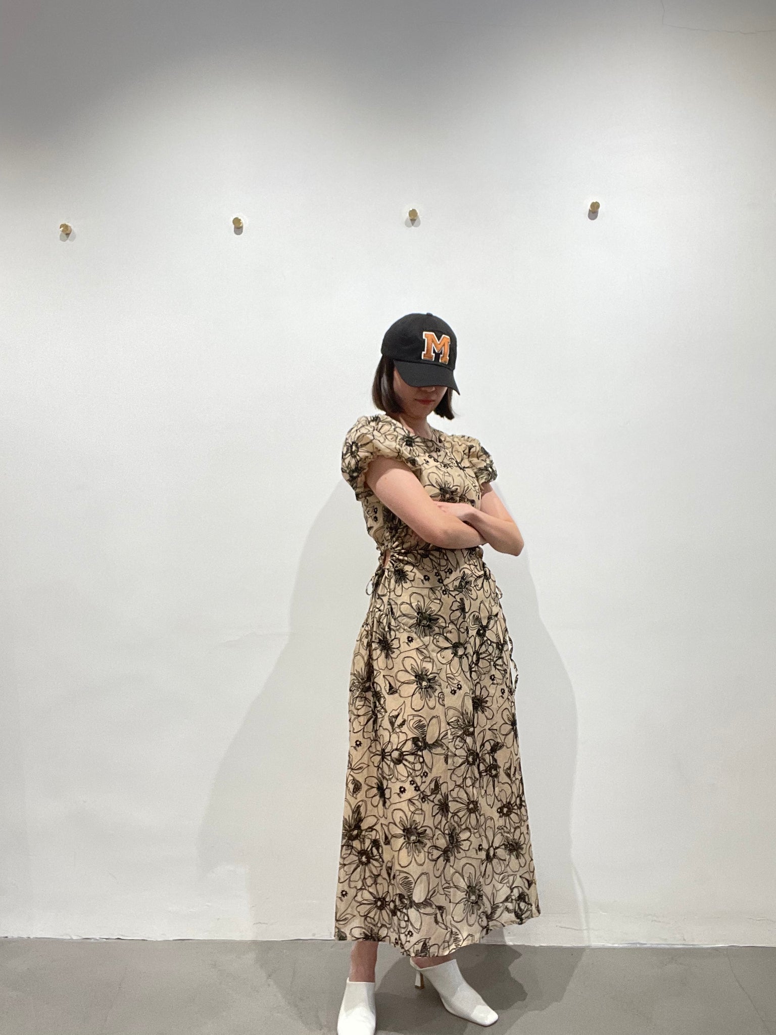 Delicate Smocking Side Open Floral Dress Beige