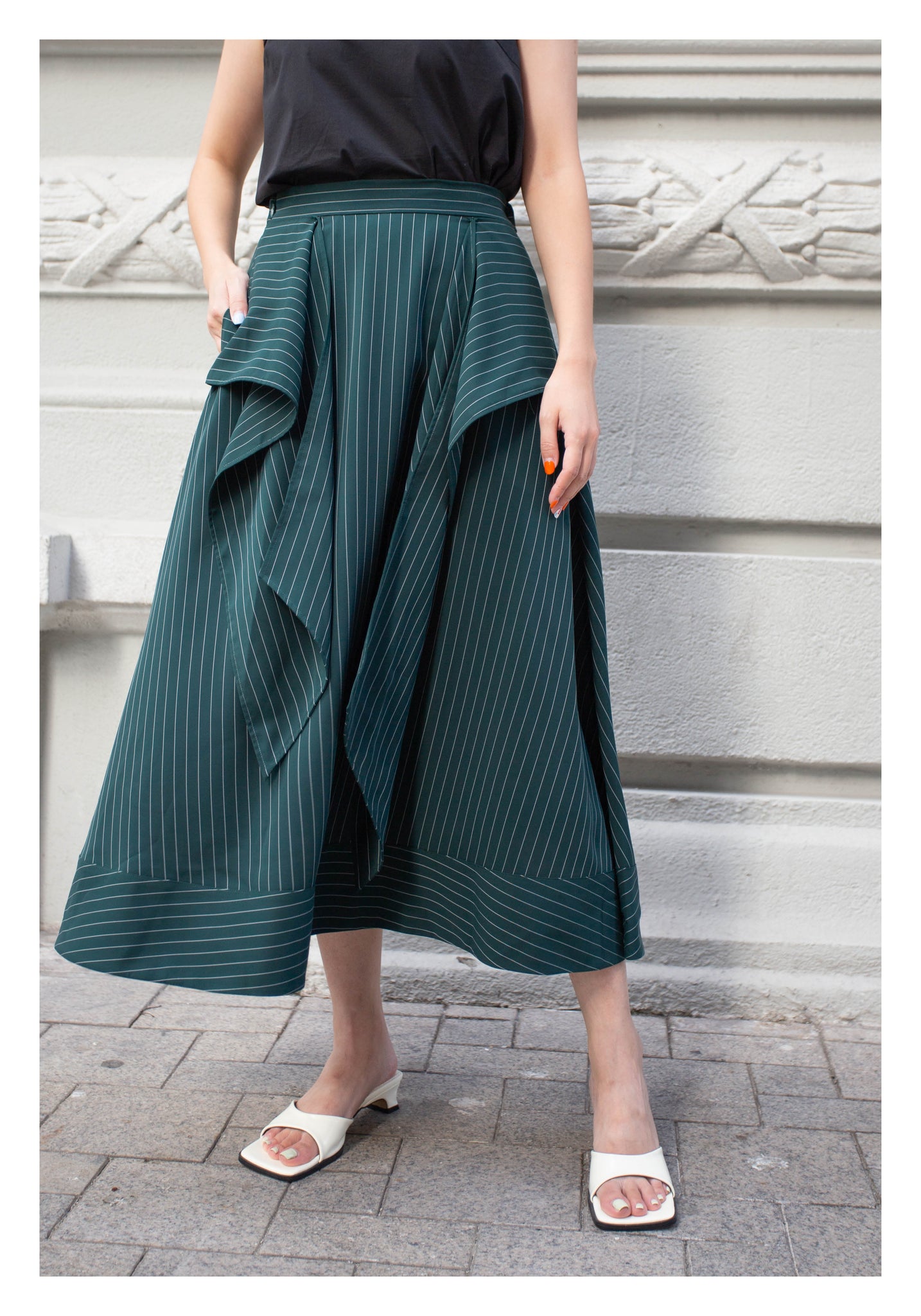 Front Tie Stripe Dripping Skirt Dark Green - whoami