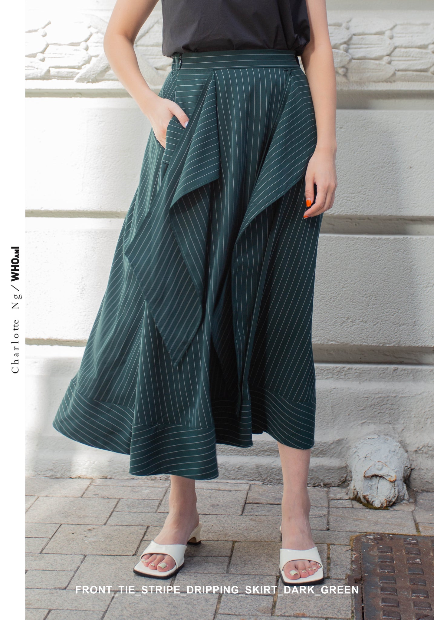 Front Tie Stripe Dripping Skirt Dark Green - whoami