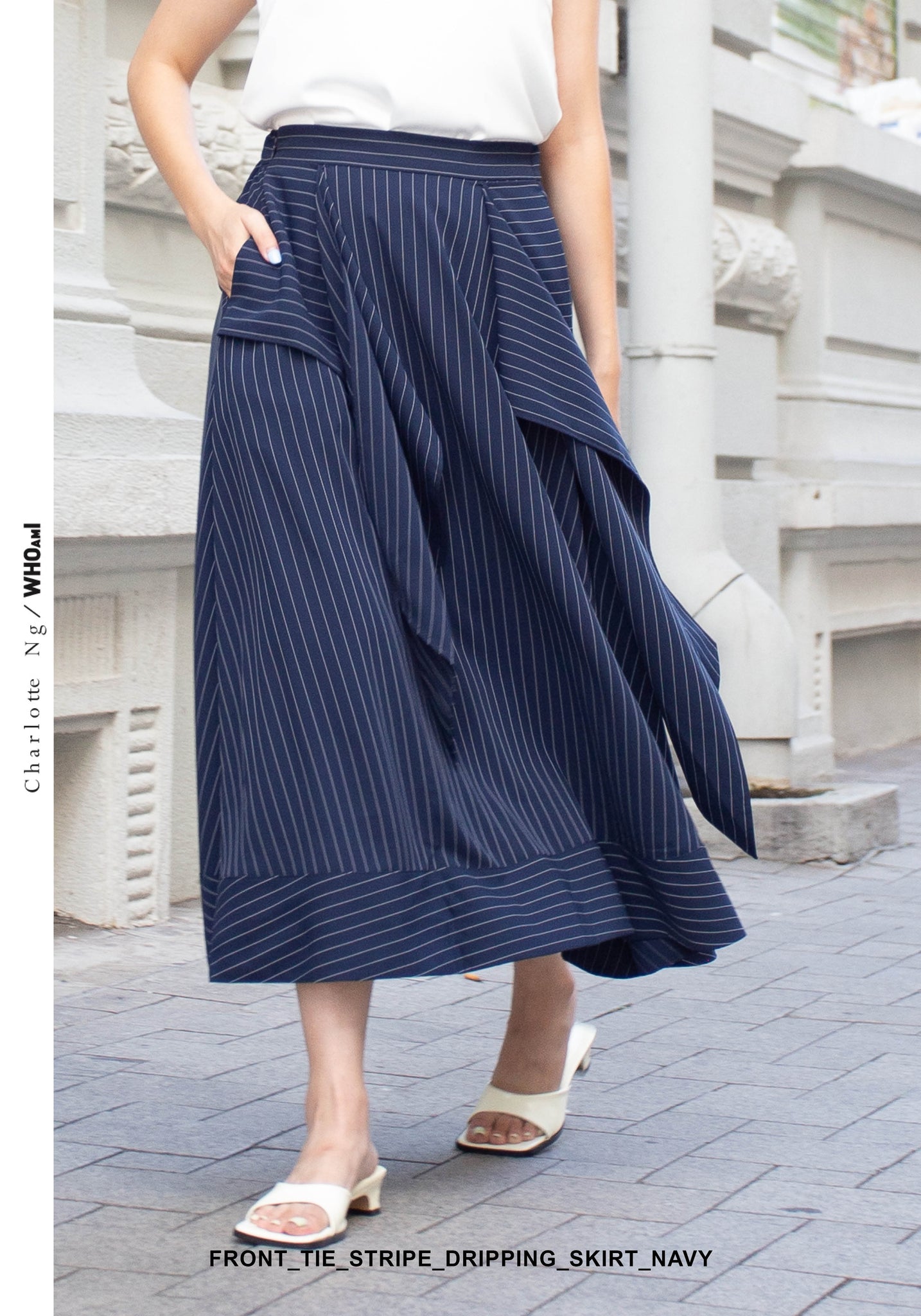 Front Tie Stripe Dripping Skirt Navy - whoami