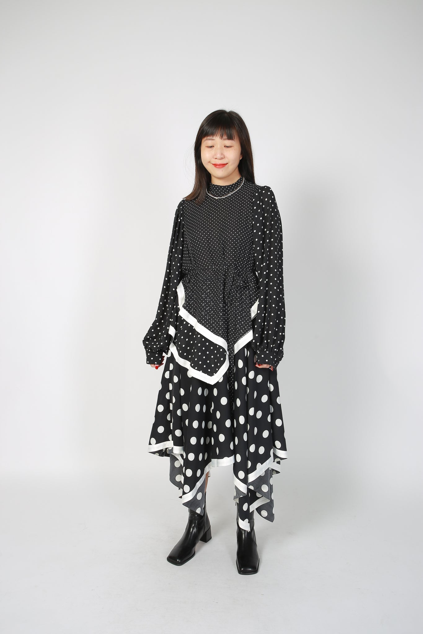 Deluxe Asymmetric Mixed Dot Dress
