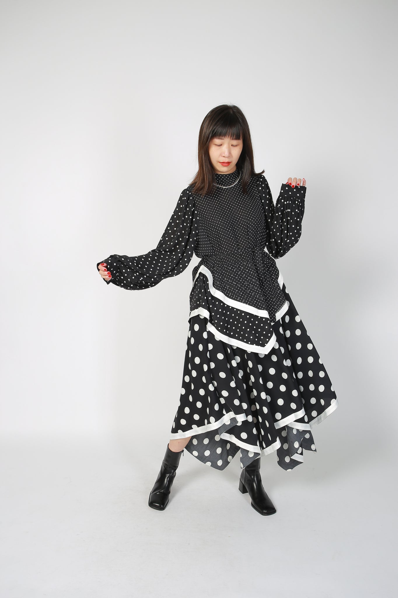 Deluxe Asymmetric Mixed Dot Dress
