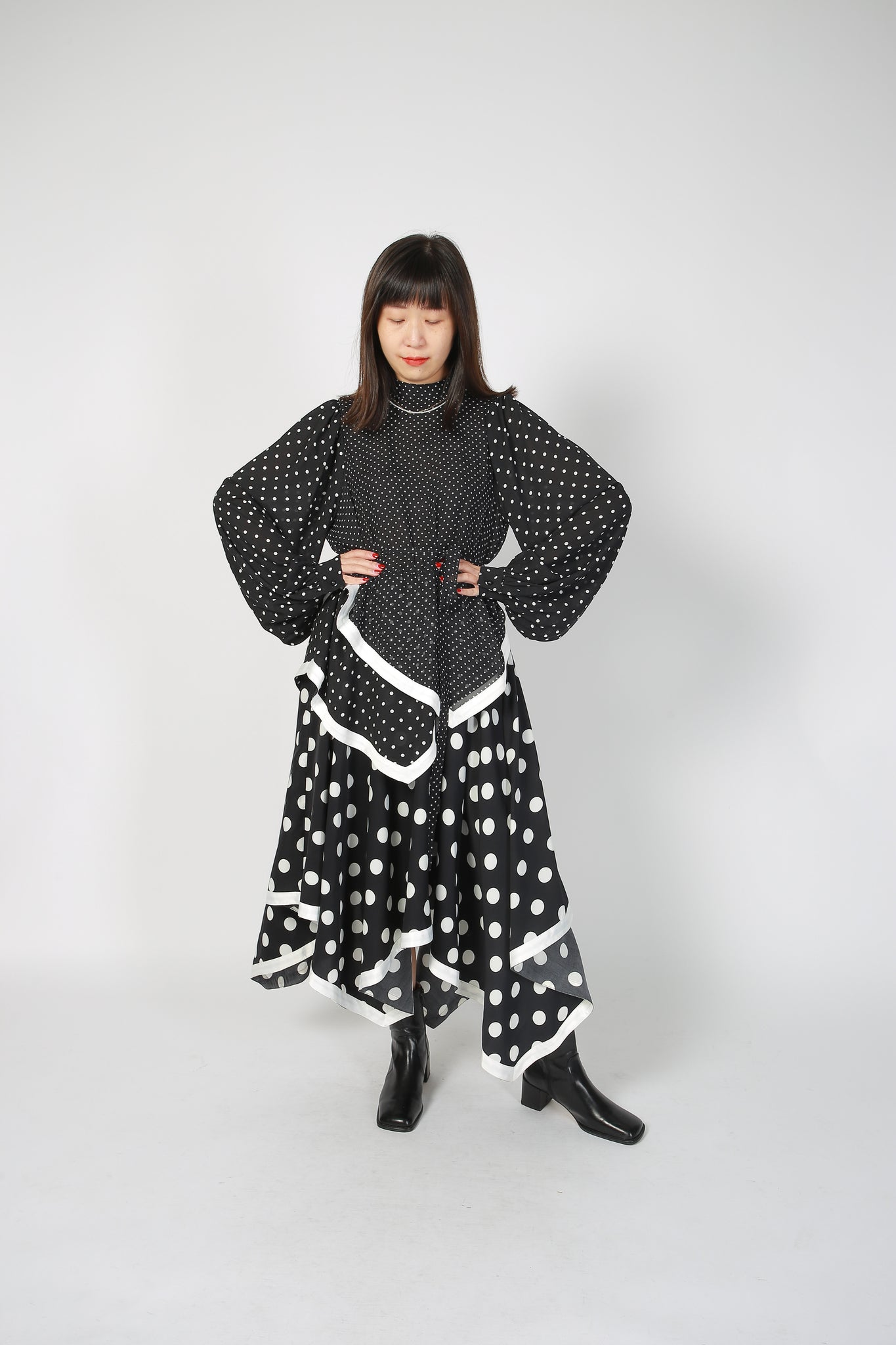 Deluxe Asymmetric Mixed Dot Dress