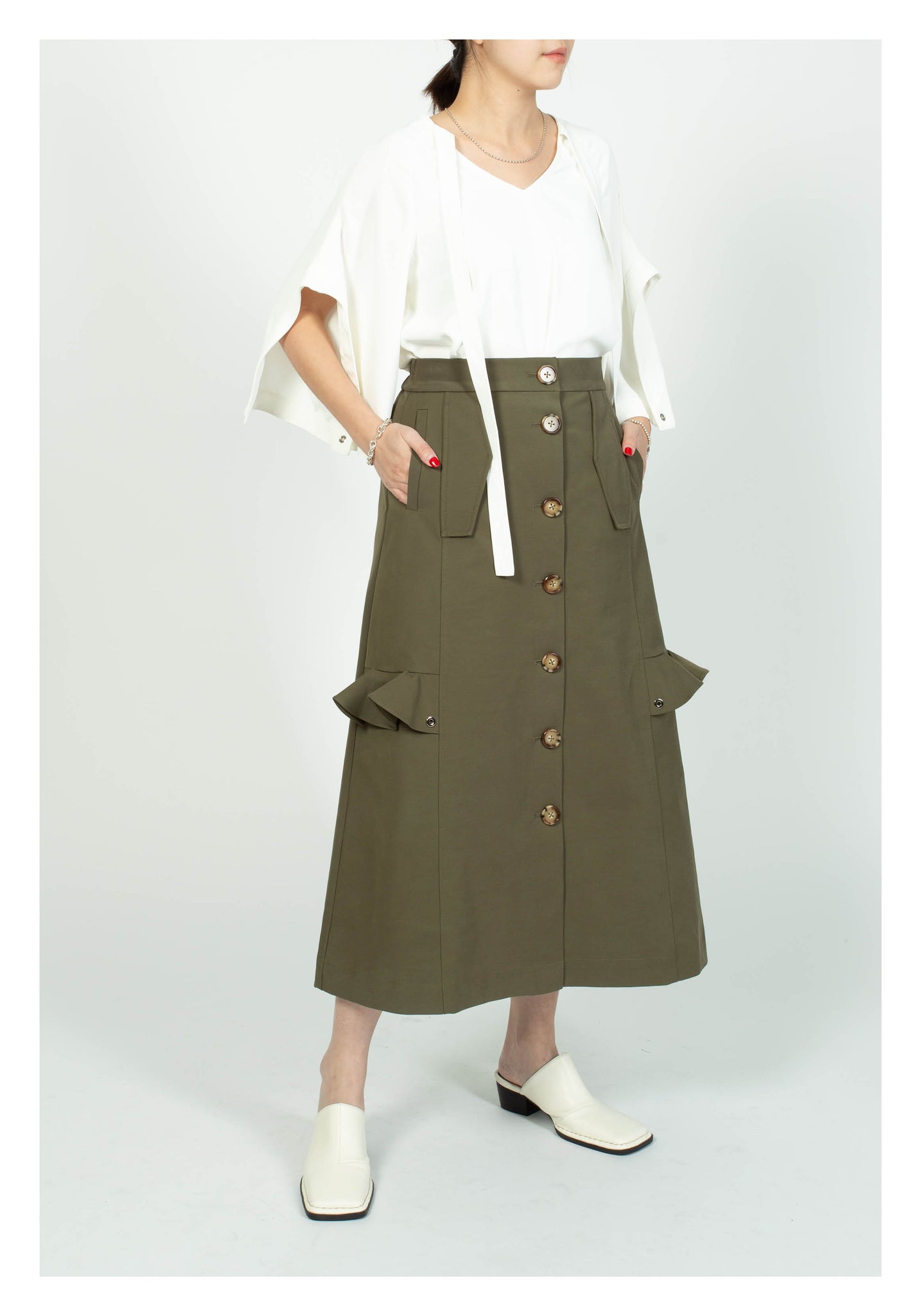 Ruffle Trims Just Fit A-Line Skirt Military Green