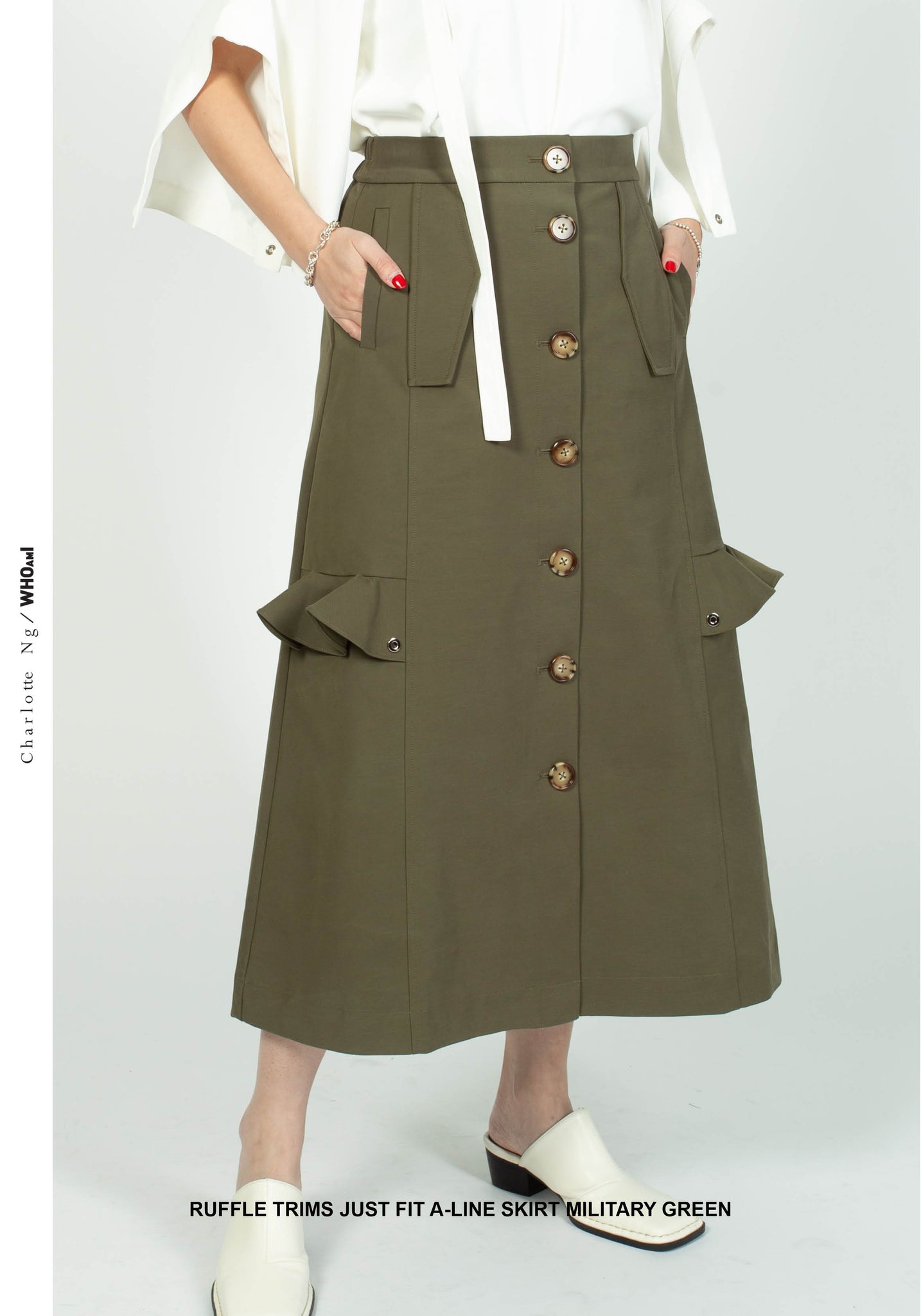 Ruffle Trims Just Fit A-Line Skirt Military Green