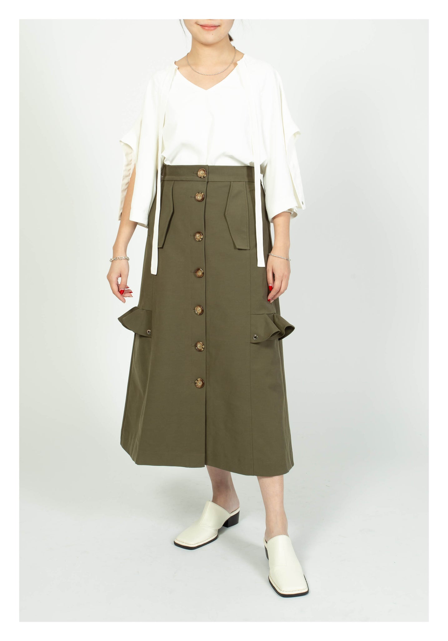Ruffle Trims Just Fit A-Line Skirt Military Green