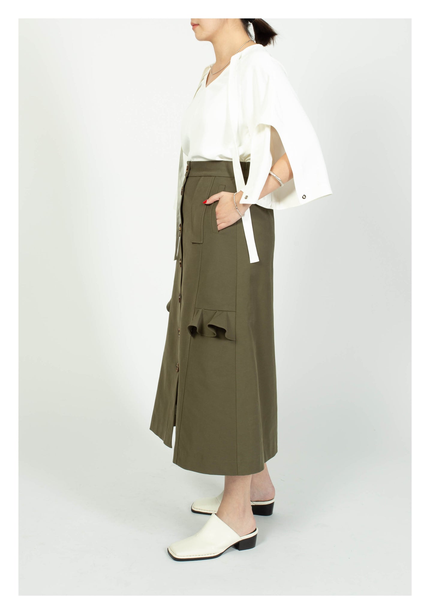 Ruffle Trims Just Fit A-Line Skirt Military Green