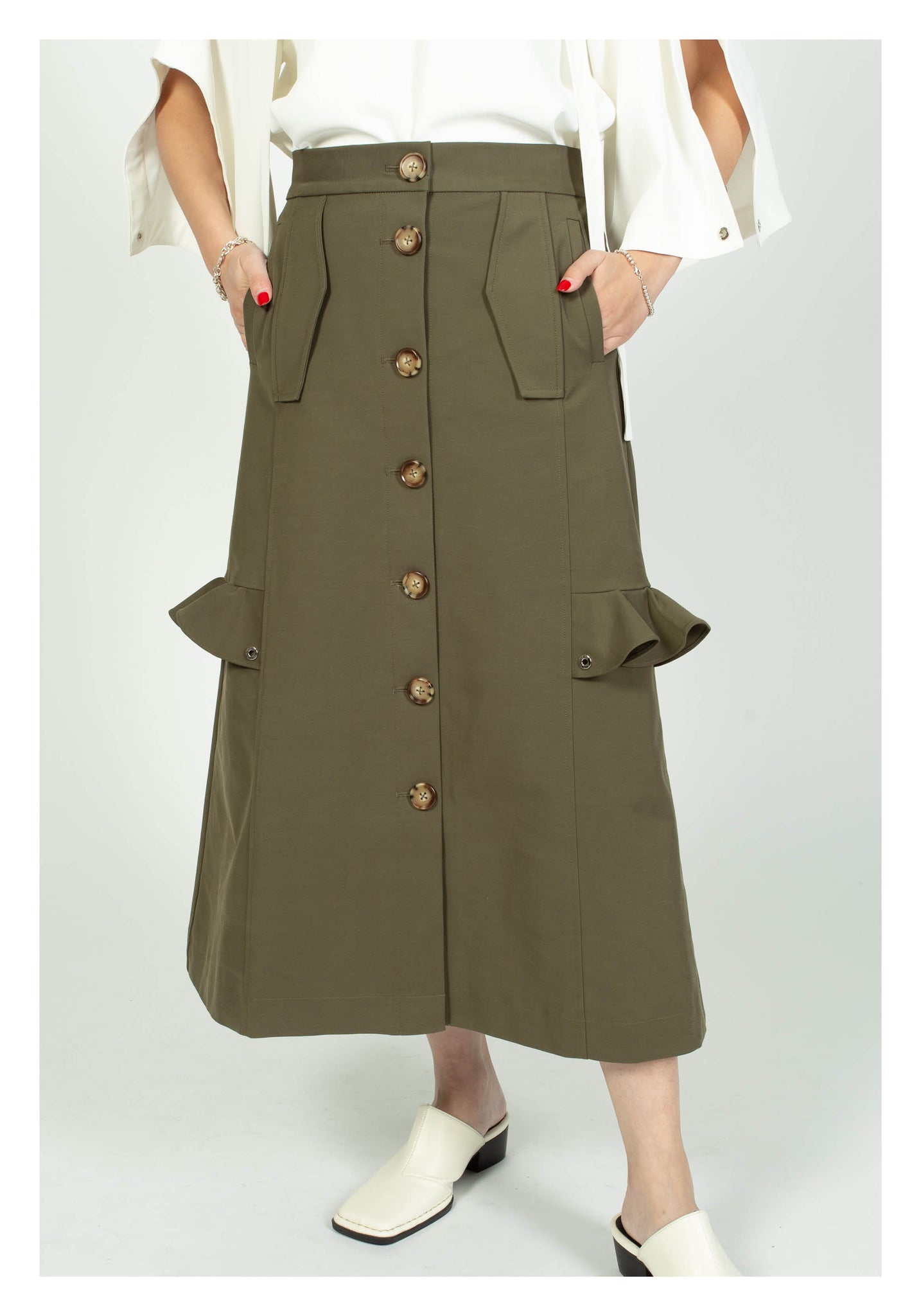 Ruffle Trims Just Fit A-Line Skirt Military Green