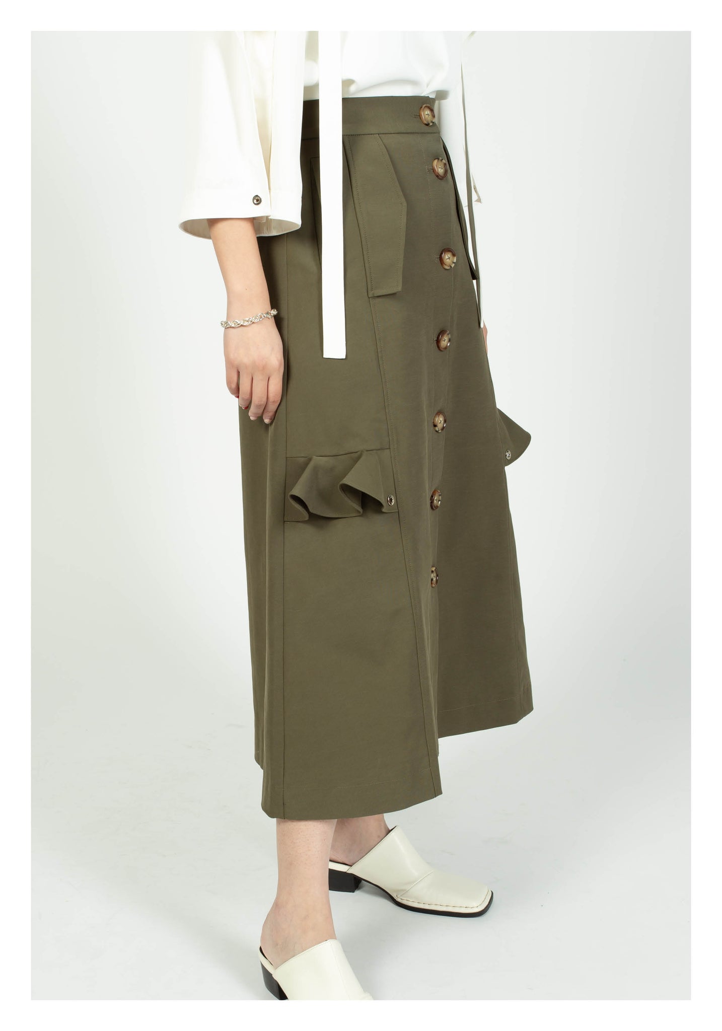 Ruffle Trims Just Fit A-Line Skirt Military Green