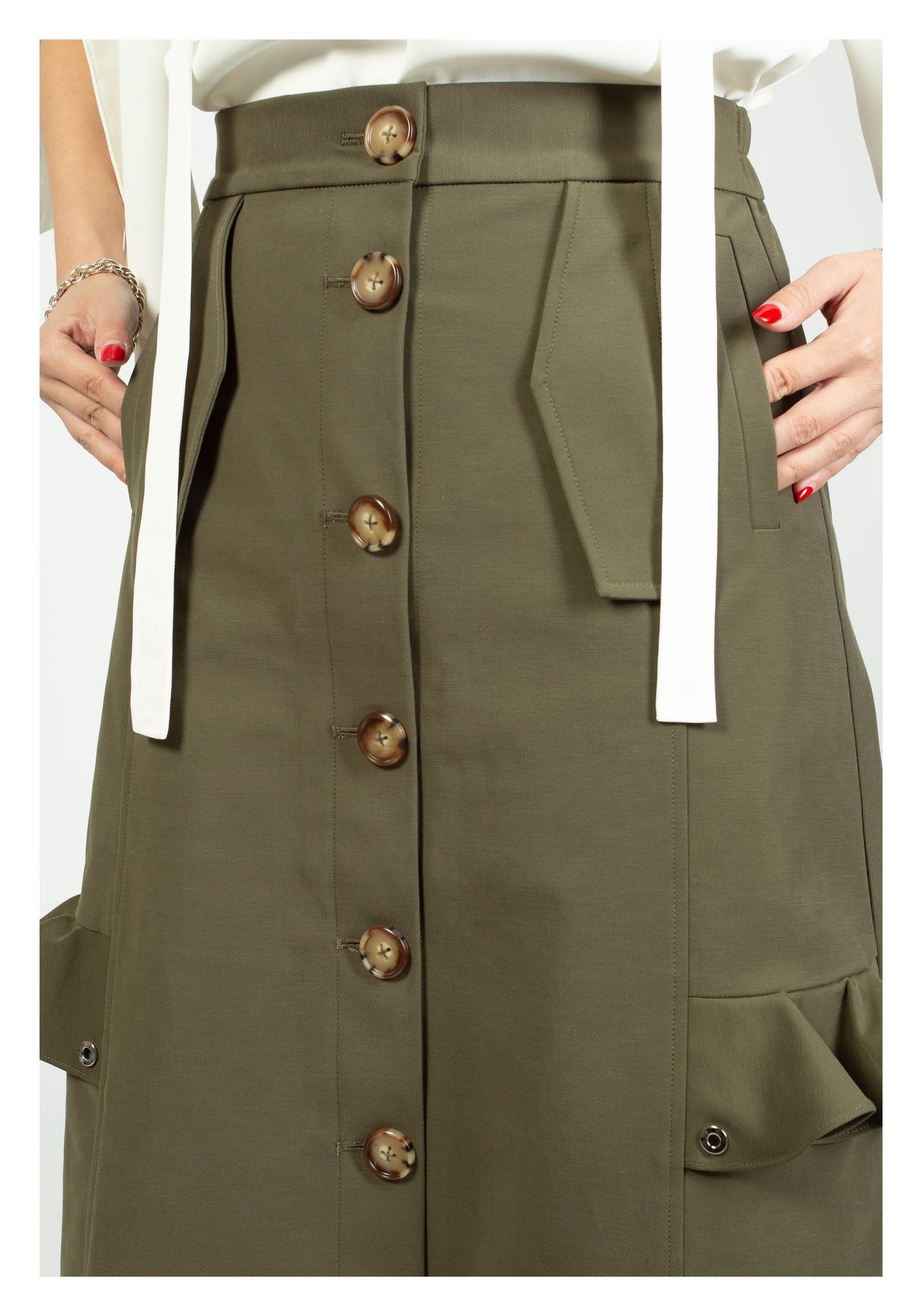 Ruffle Trims Just Fit A-Line Skirt Military Green