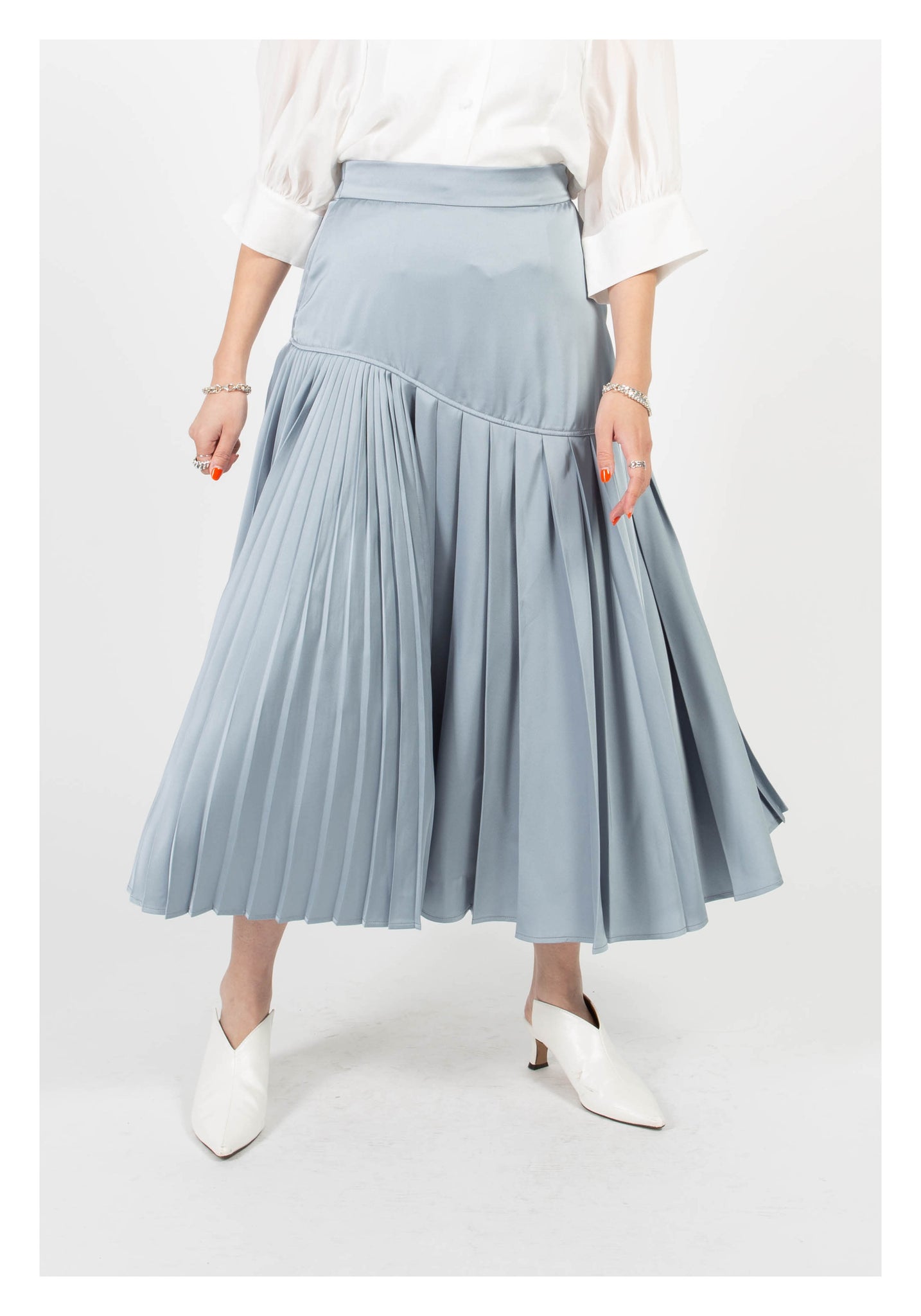 Mixed Pleats Drape Skirt Grey Blue