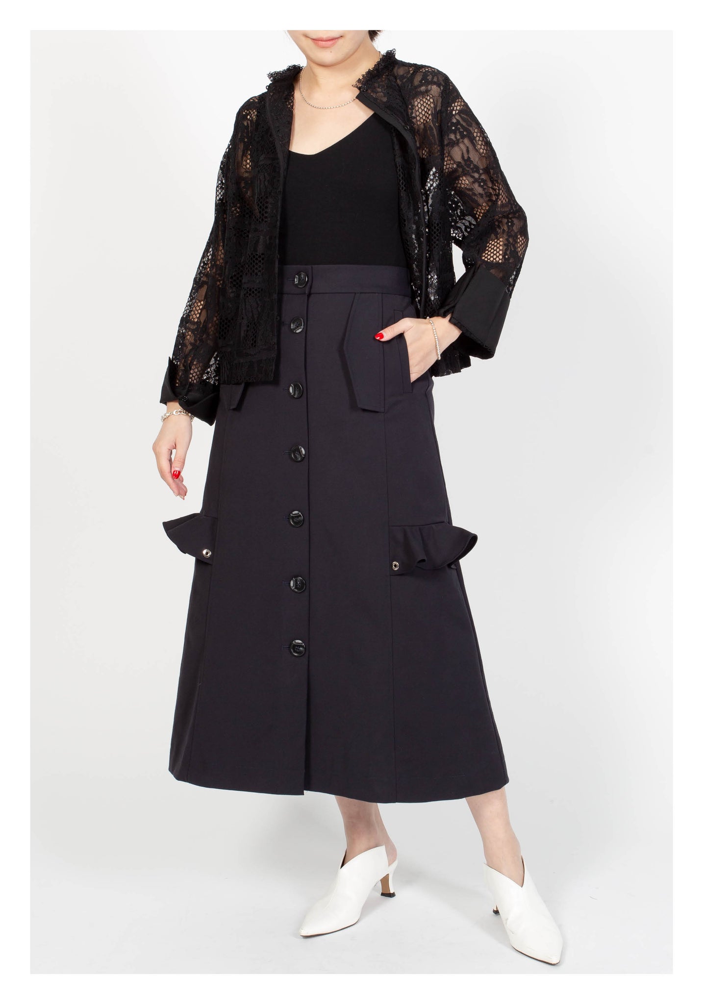 Ruffle Trims Just Fit A-Line Skirt Navy