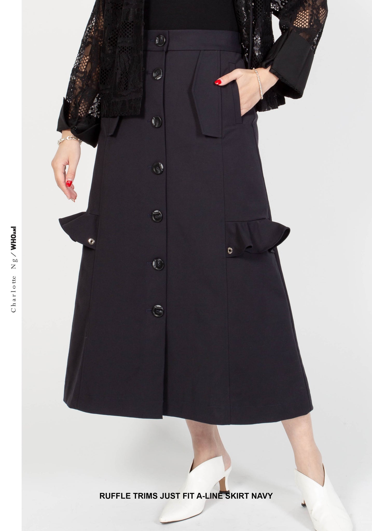 Ruffle Trims Just Fit A-Line Skirt Navy