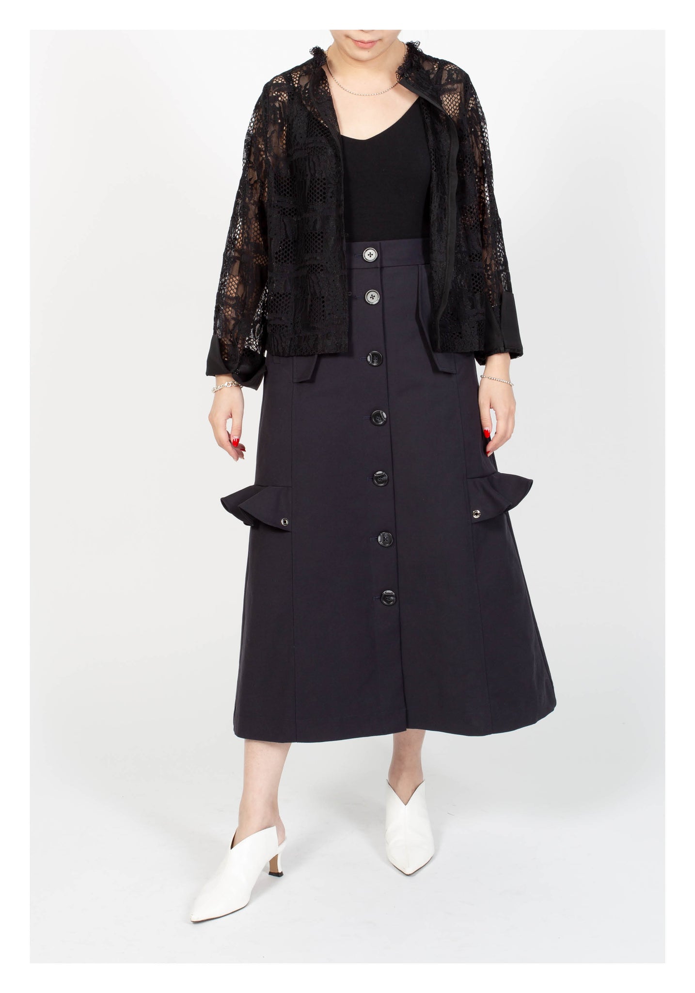 Ruffle Trims Just Fit A-Line Skirt Navy