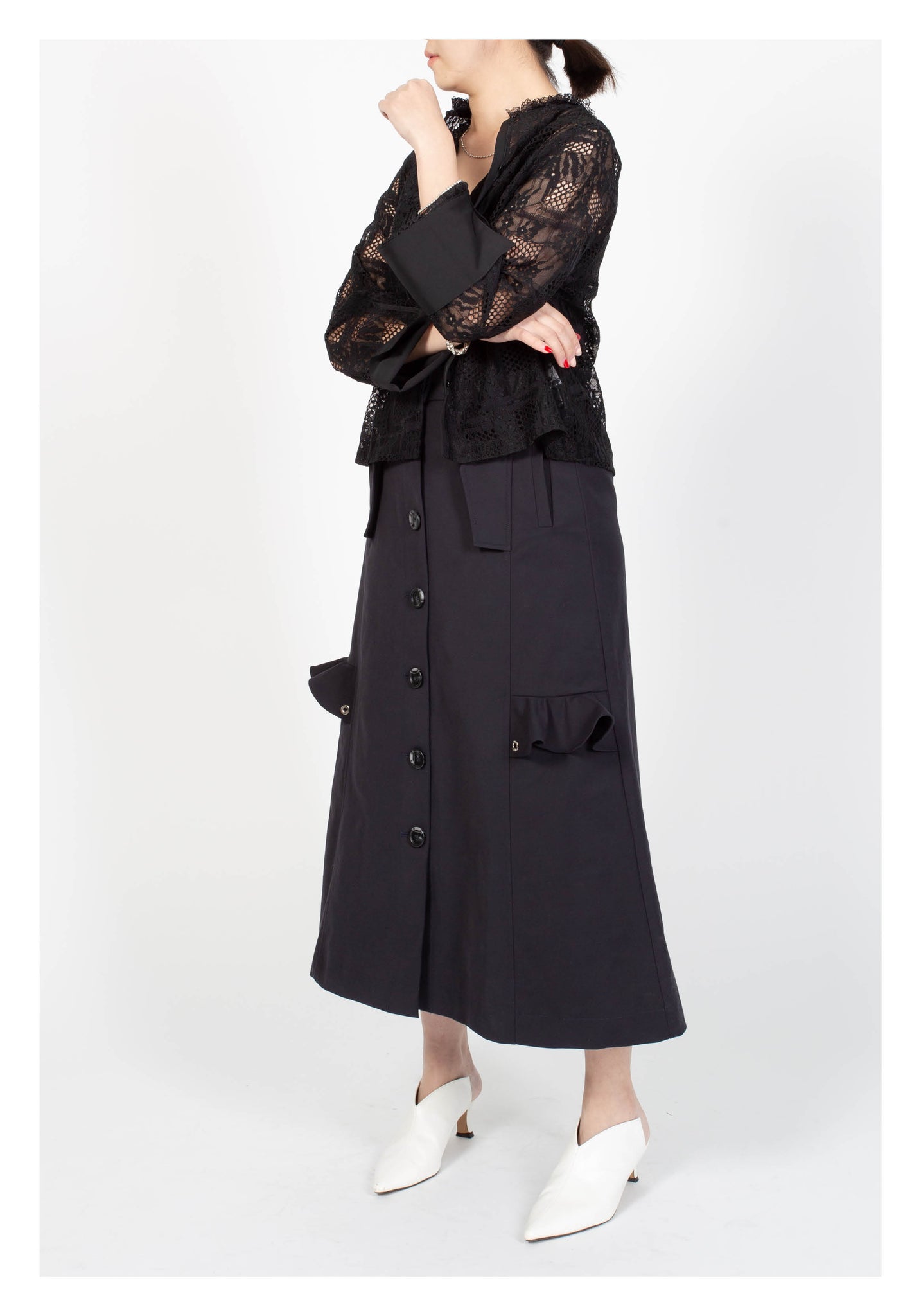Ruffle Trims Just Fit A-Line Skirt Navy