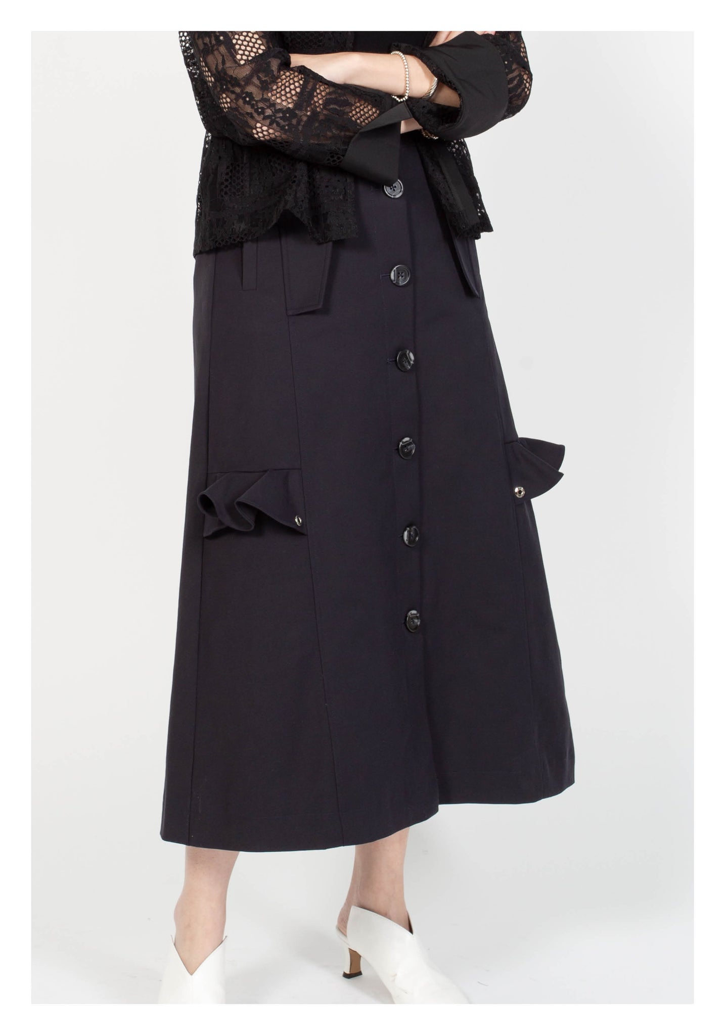 Ruffle Trims Just Fit A-Line Skirt Navy