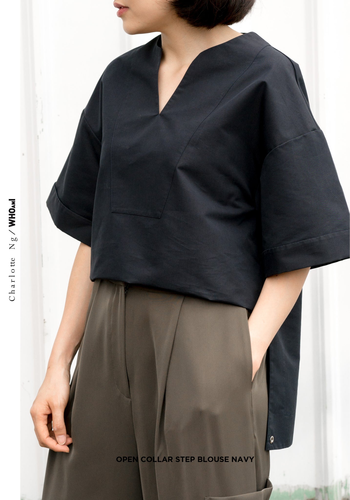 Open Collar Step Blouse Navy - whoami