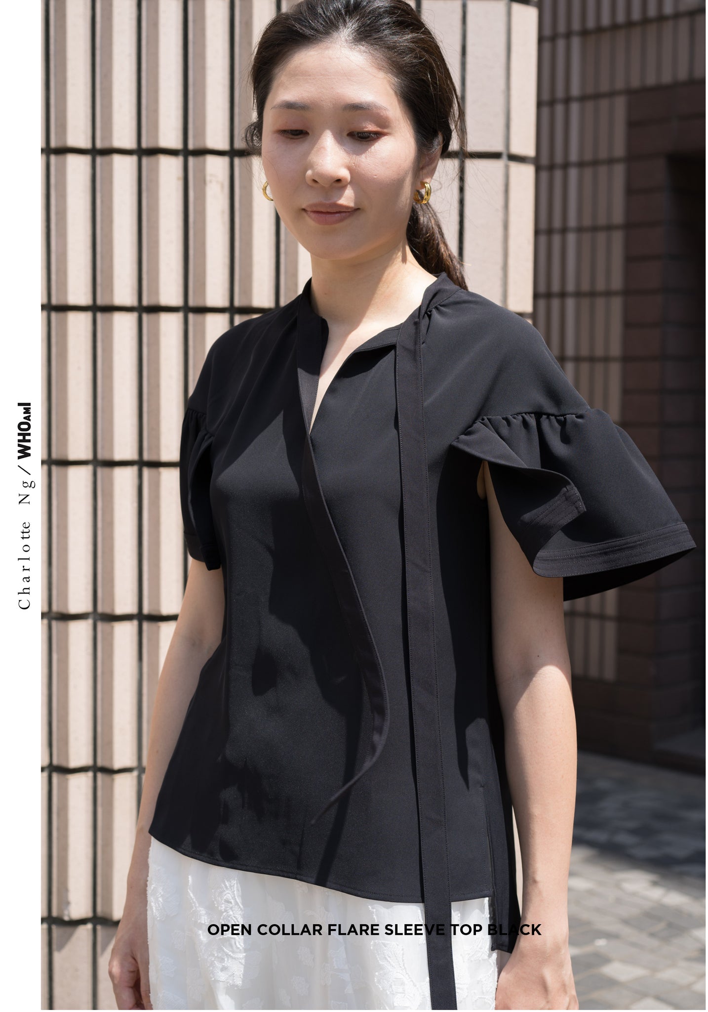 Open Collar Flare Sleeve Top Black - whoami