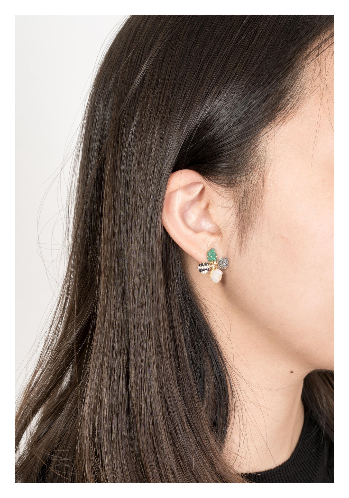 Mixed Gem And Chain Flower Earrings Green - whoami