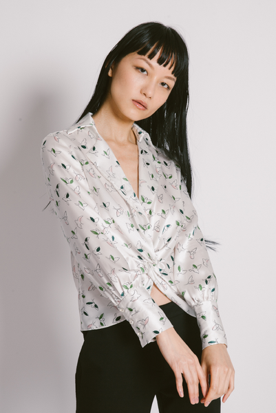 Bird Print Silk Blouse Front Twist Details Ivory/Multi - whoami